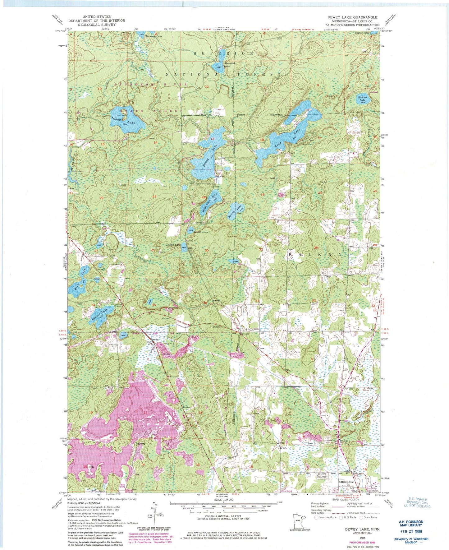 Classic USGS Dewey Lake Minnesota 7.5'x7.5' Topo Map Image