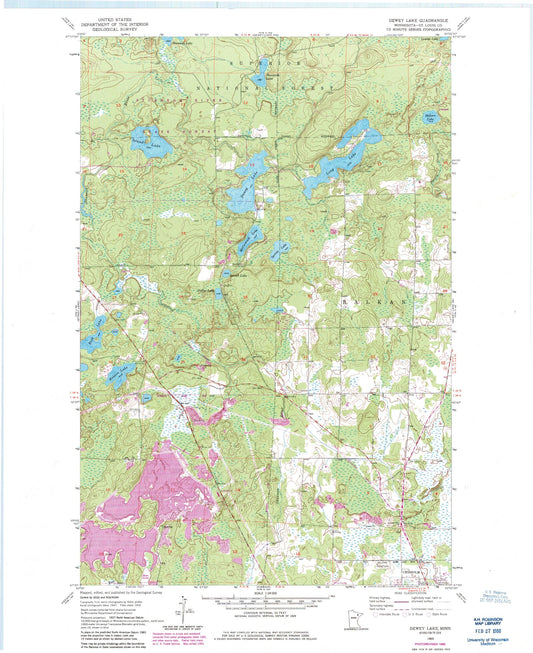 Classic USGS Dewey Lake Minnesota 7.5'x7.5' Topo Map Image