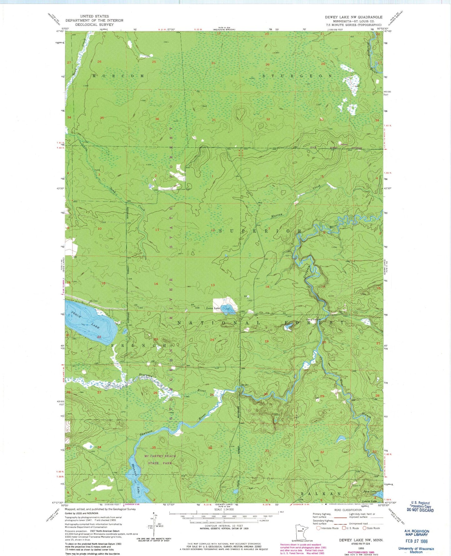 Classic USGS Dewey Lake NW Minnesota 7.5'x7.5' Topo Map Image