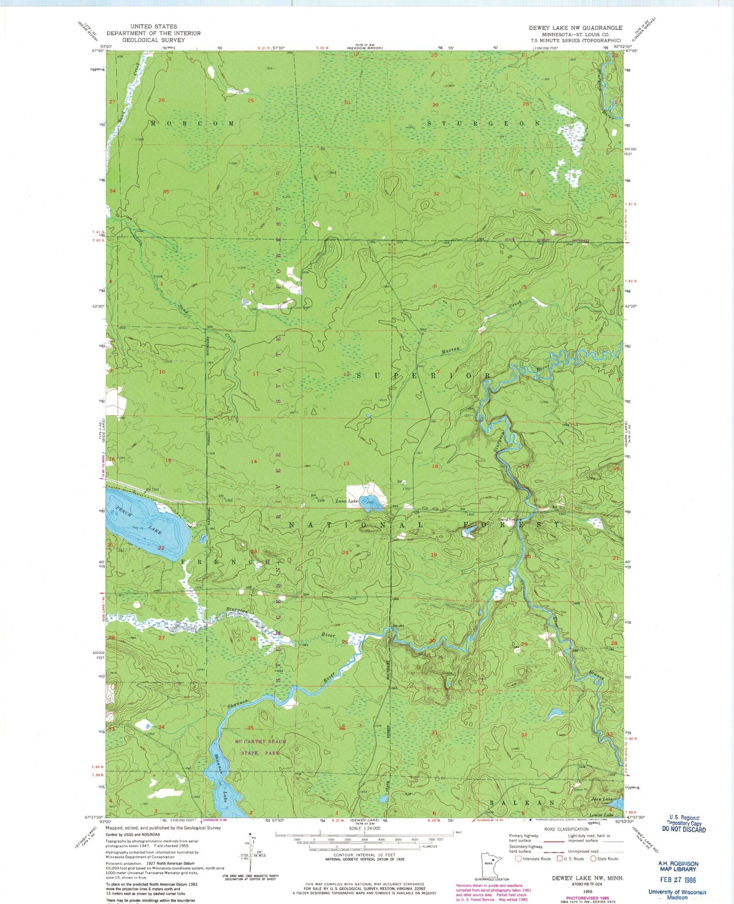 Classic USGS Dewey Lake NW Minnesota 7.5'x7.5' Topo Map Image