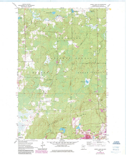 Classic USGS Dewey Lake SE Minnesota 7.5'x7.5' Topo Map Image