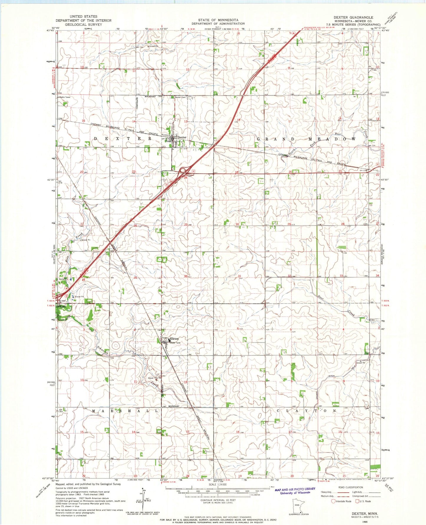 Classic USGS Dexter Minnesota 7.5'x7.5' Topo Map Image