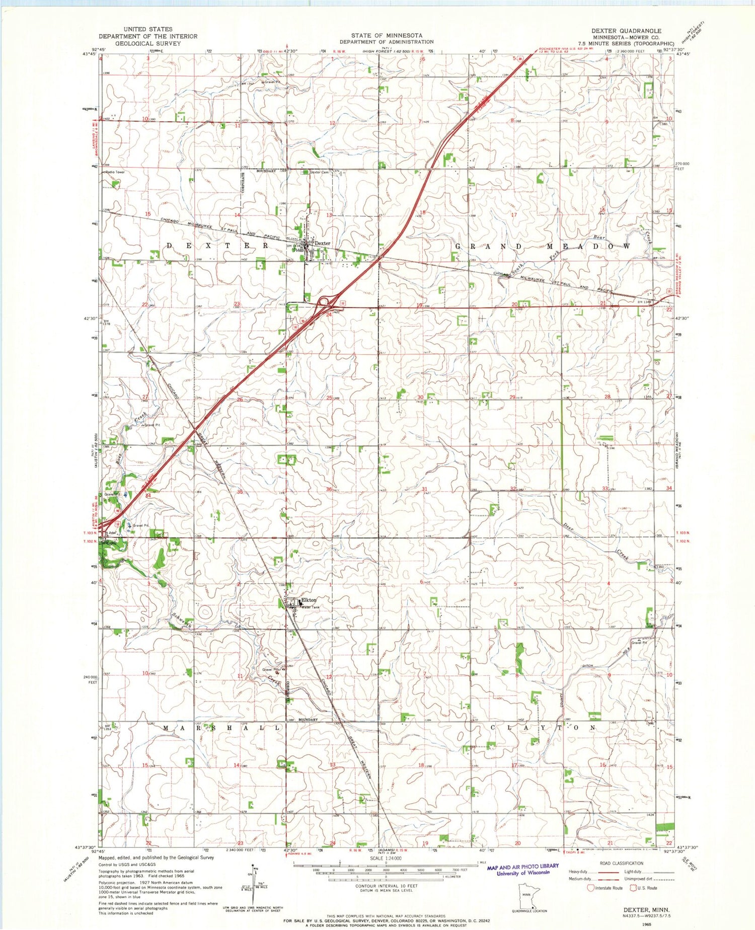 Classic USGS Dexter Minnesota 7.5'x7.5' Topo Map Image