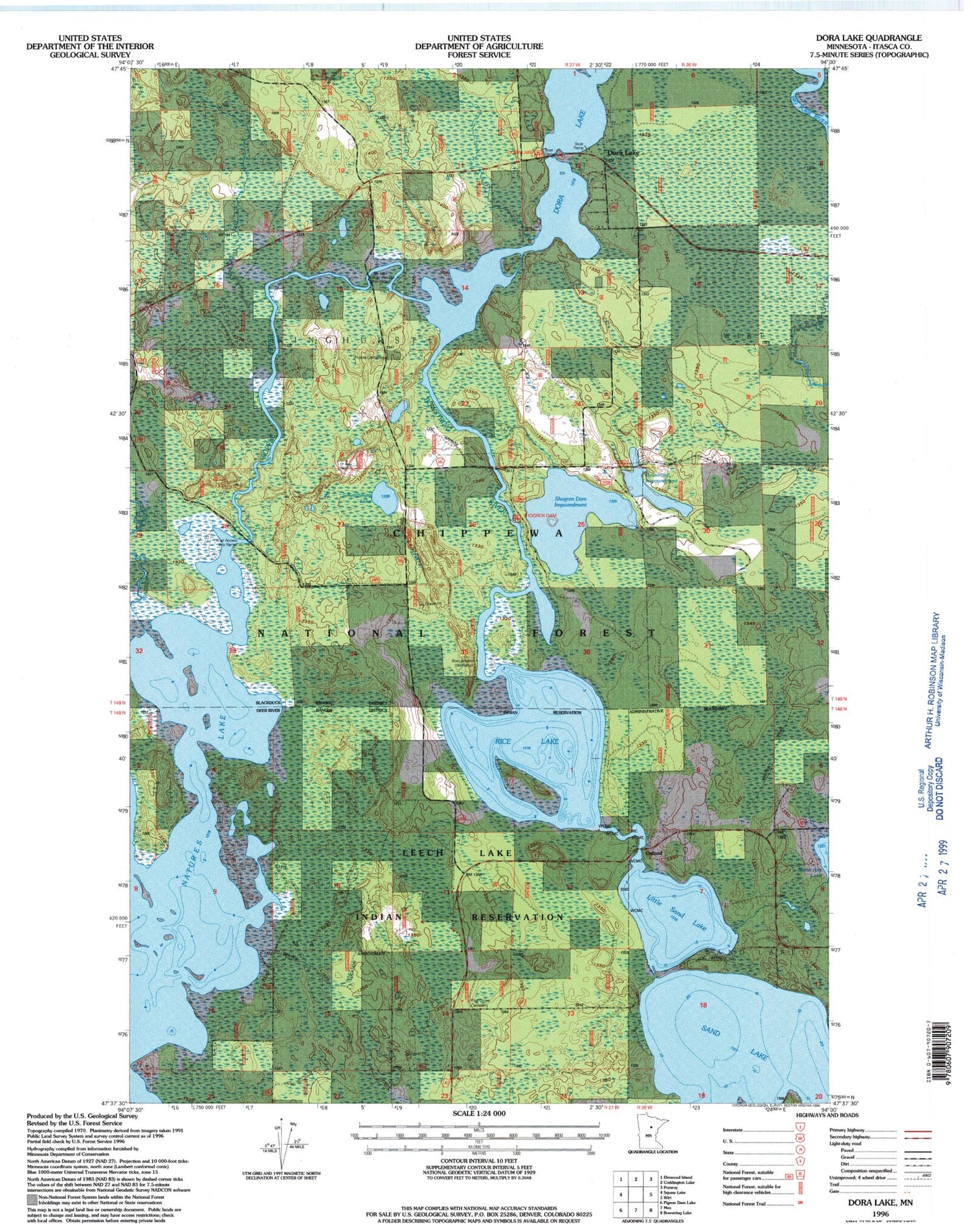 Classic USGS Dora Lake Minnesota 7.5'x7.5' Topo Map Image