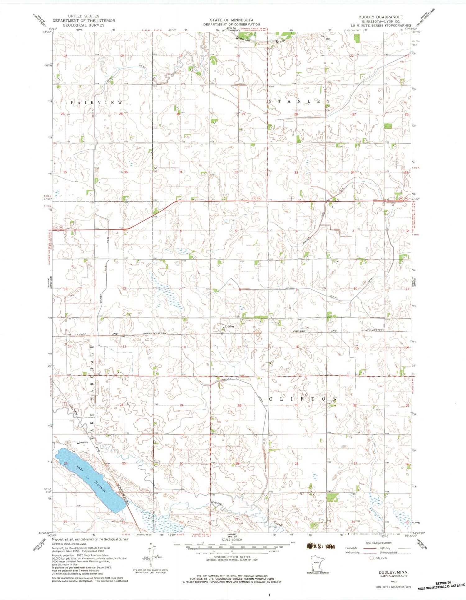 Classic USGS Dudley Minnesota 7.5'x7.5' Topo Map Image