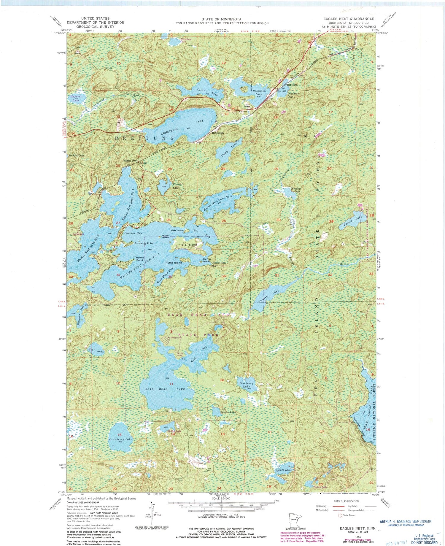Classic USGS Eagles Nest Minnesota 7.5'x7.5' Topo Map Image