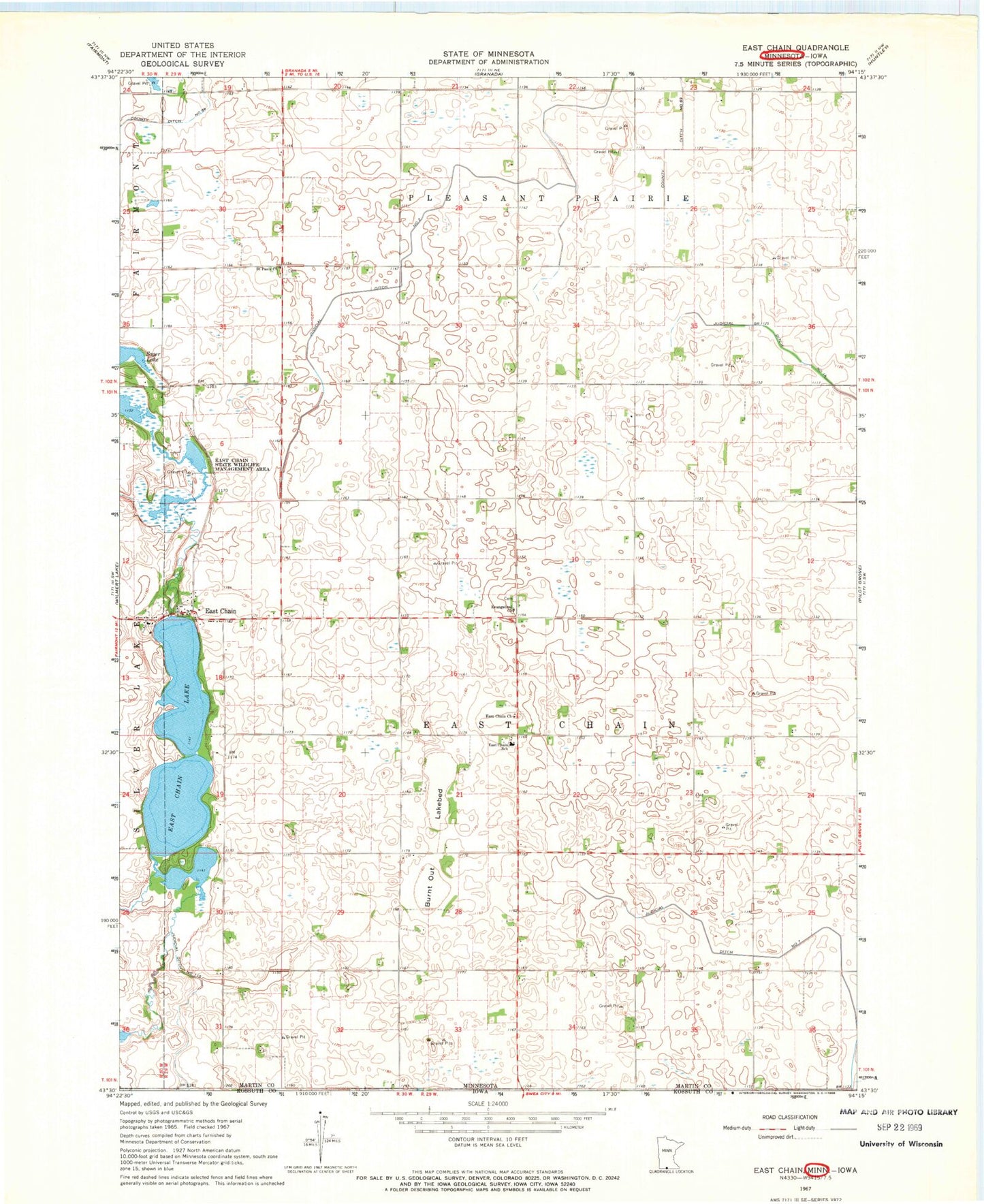 Classic USGS East Chain Minnesota 7.5'x7.5' Topo Map Image