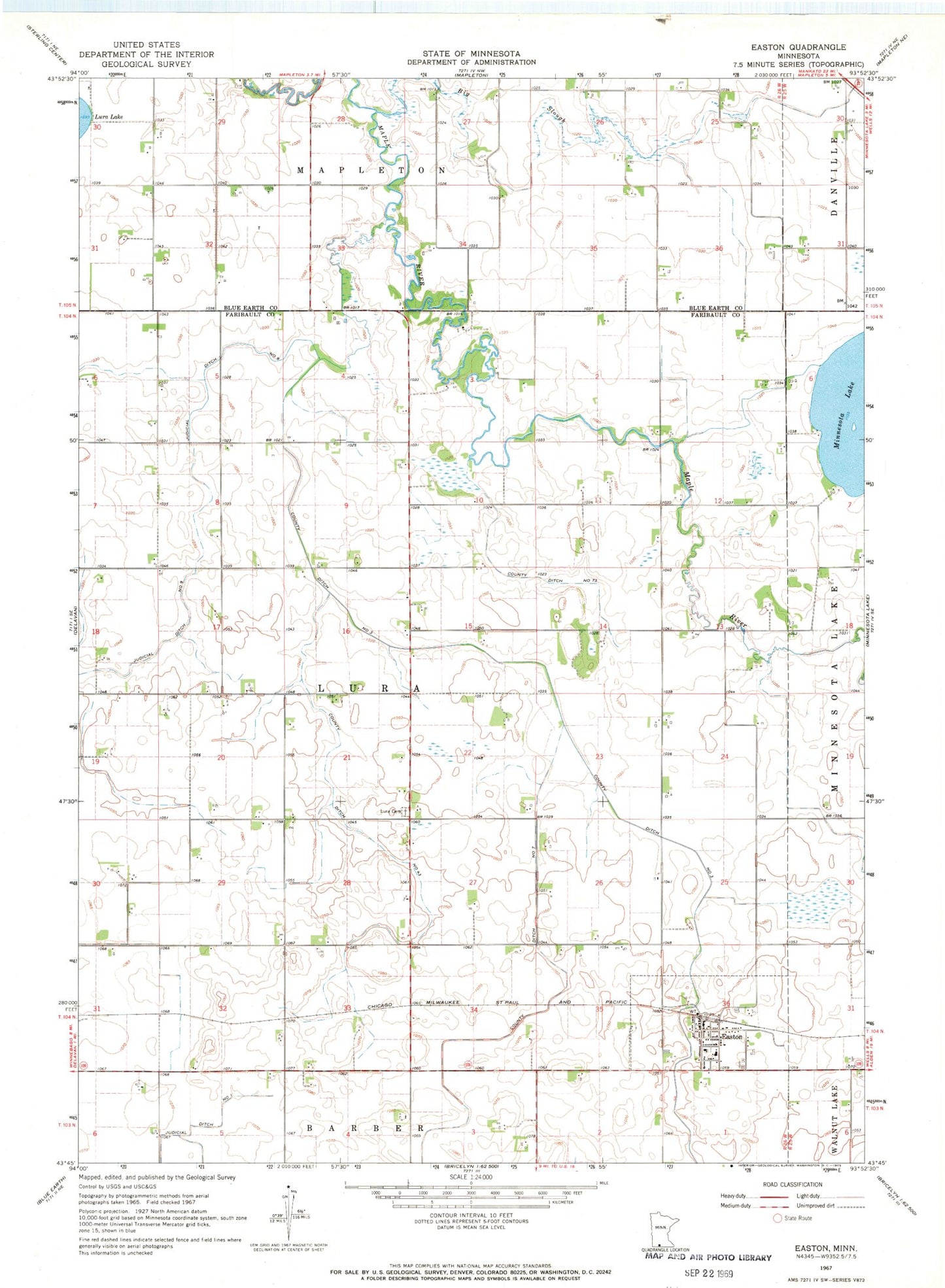 Classic USGS Easton Minnesota 7.5'x7.5' Topo Map Image