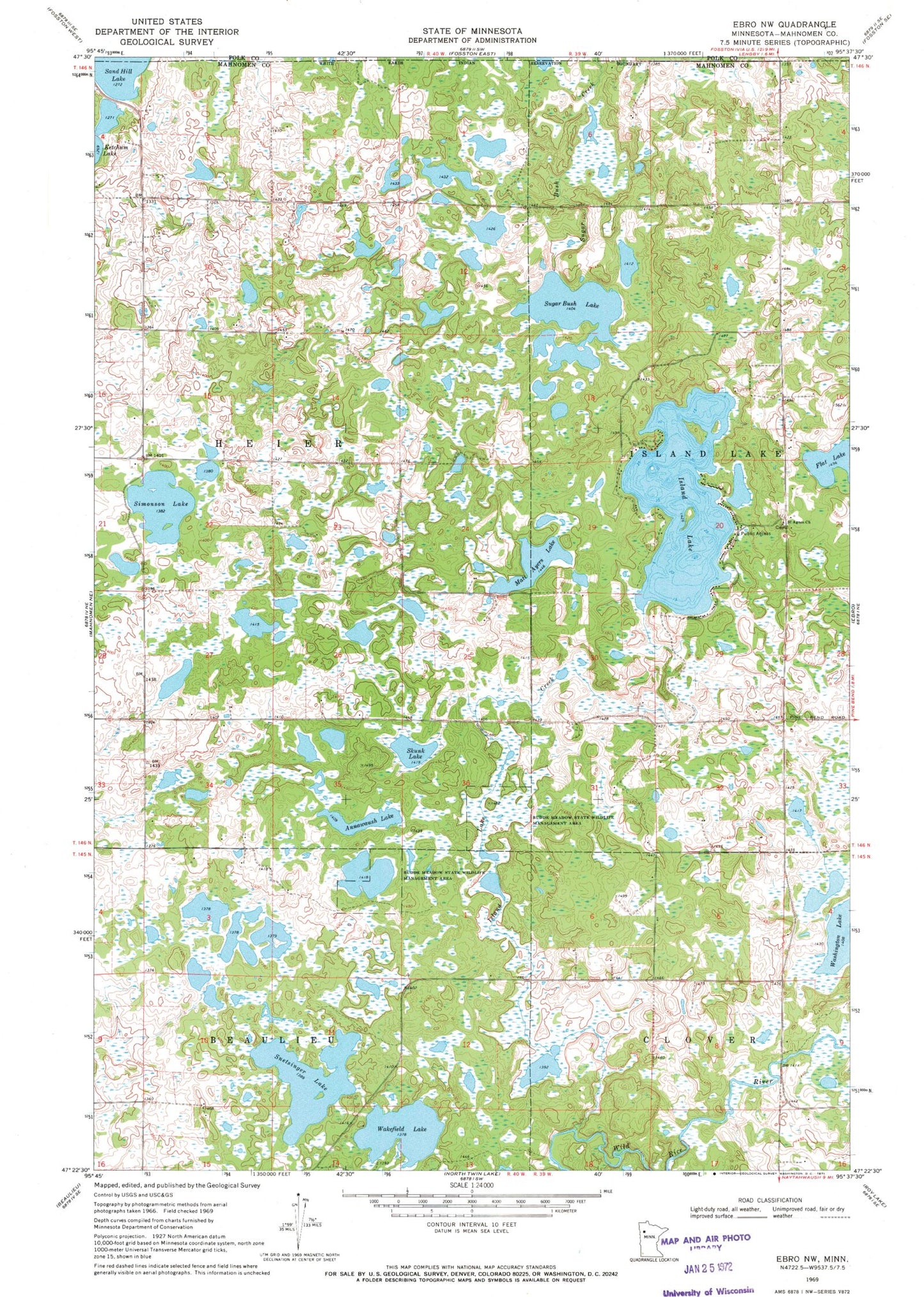 Classic USGS Ebro NW Minnesota 7.5'x7.5' Topo Map Image