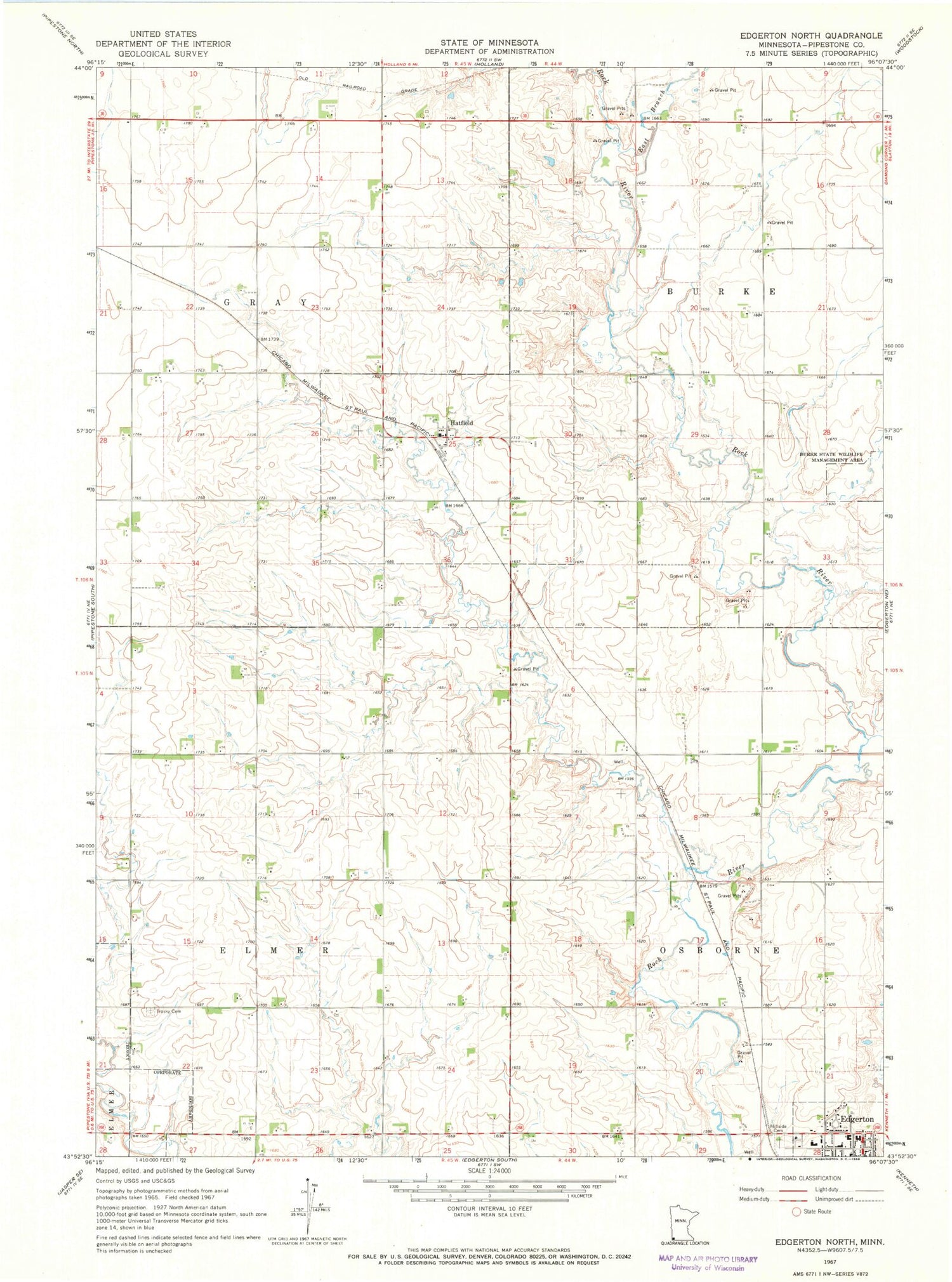 Classic USGS Edgerton North Minnesota 7.5'x7.5' Topo Map Image