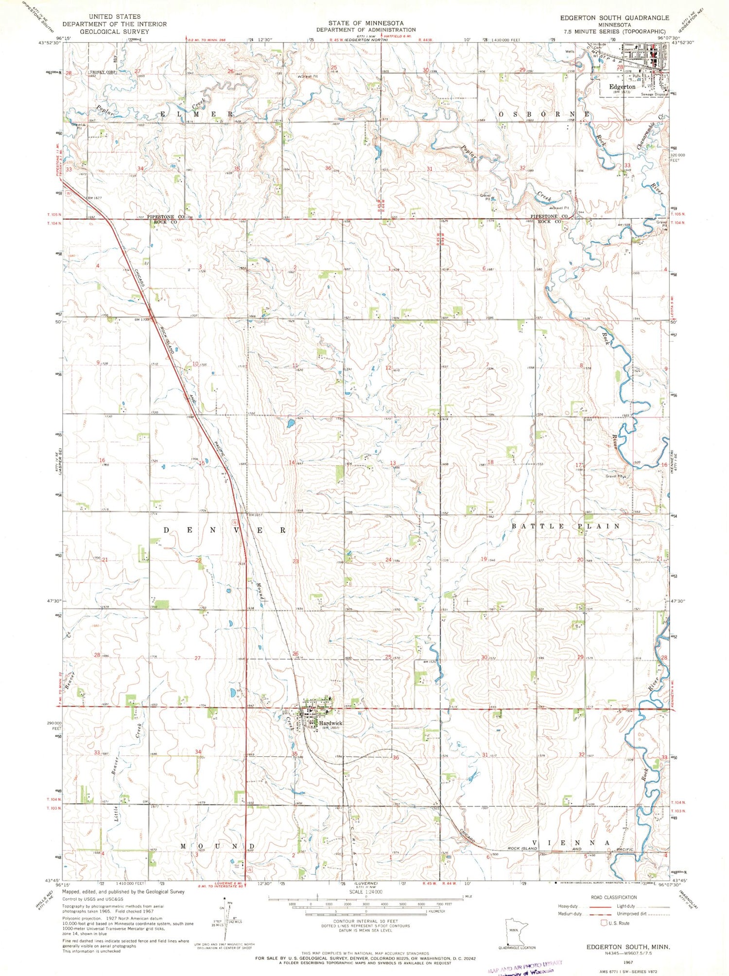 Classic USGS Edgerton South Minnesota 7.5'x7.5' Topo Map Image