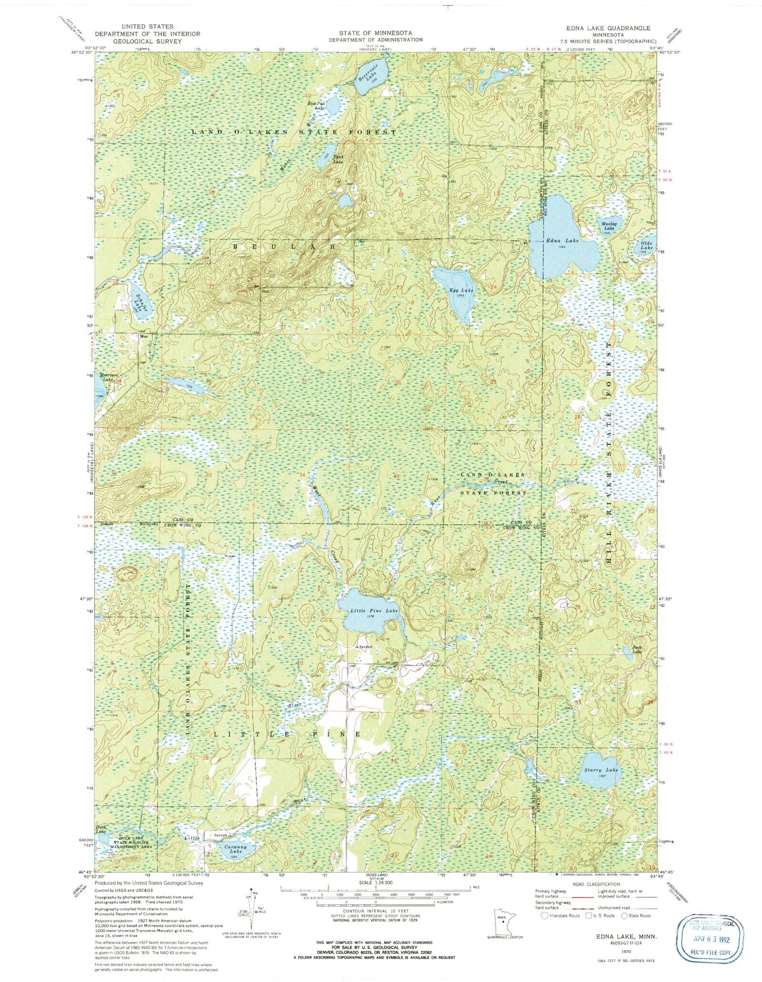 Classic USGS Edna Lake Minnesota 7.5'x7.5' Topo Map Image