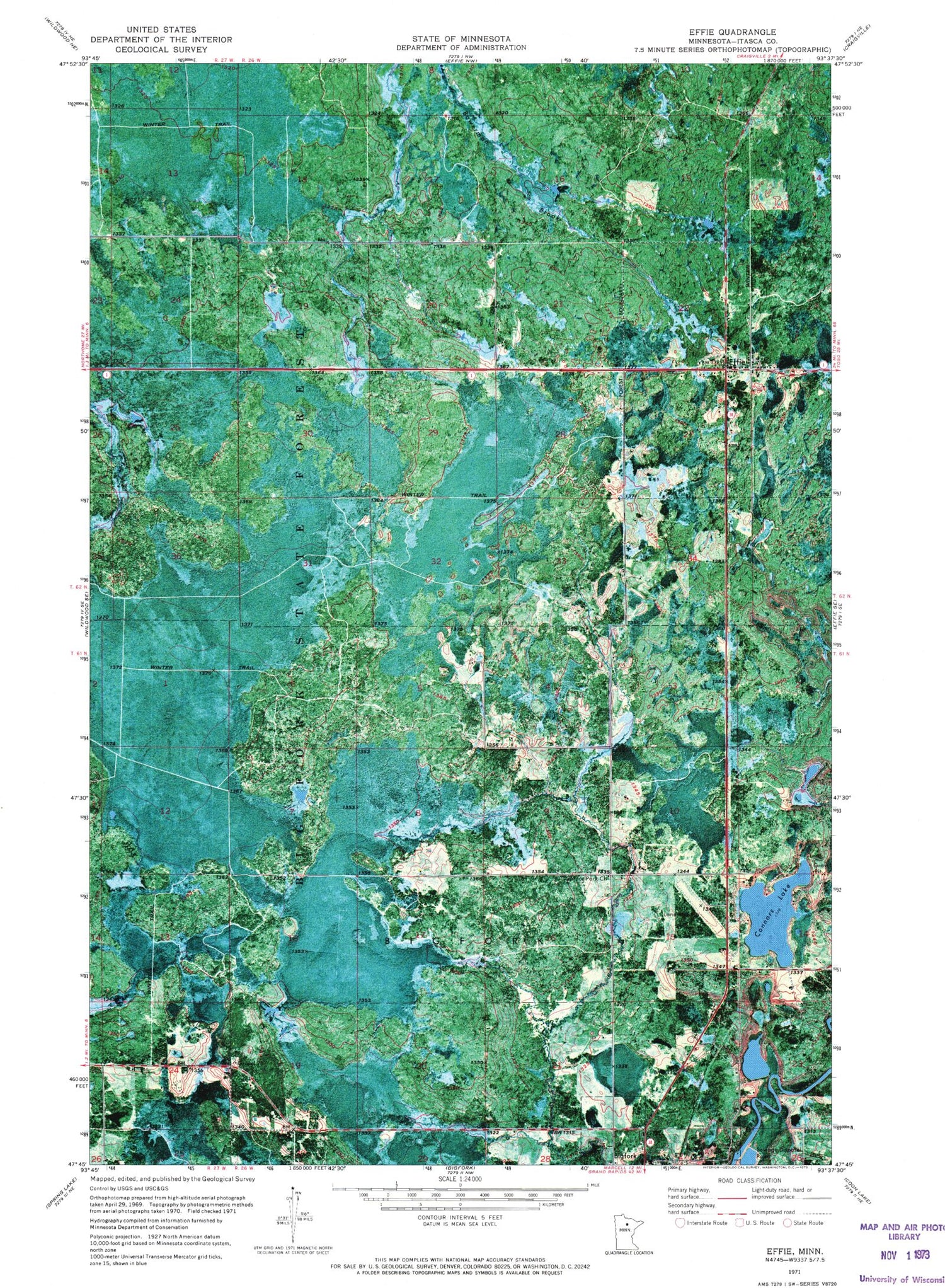 Classic USGS Effie Minnesota 7.5'x7.5' Topo Map Image