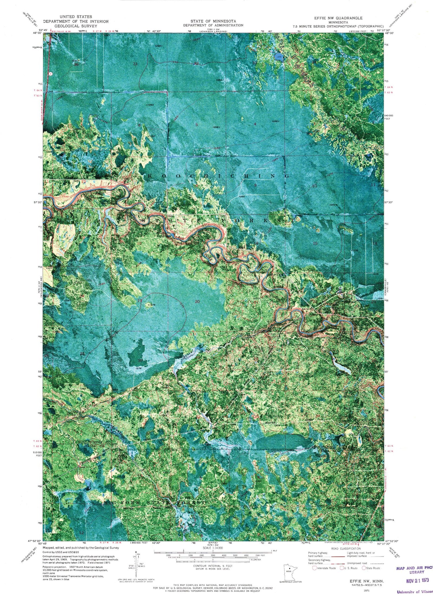 Classic USGS Effie NW Minnesota 7.5'x7.5' Topo Map Image