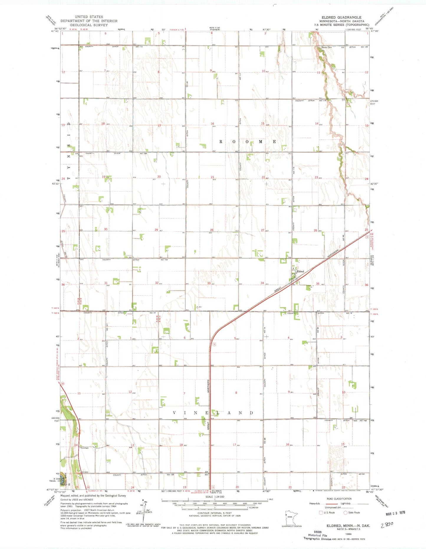 Classic USGS Eldred Minnesota 7.5'x7.5' Topo Map Image