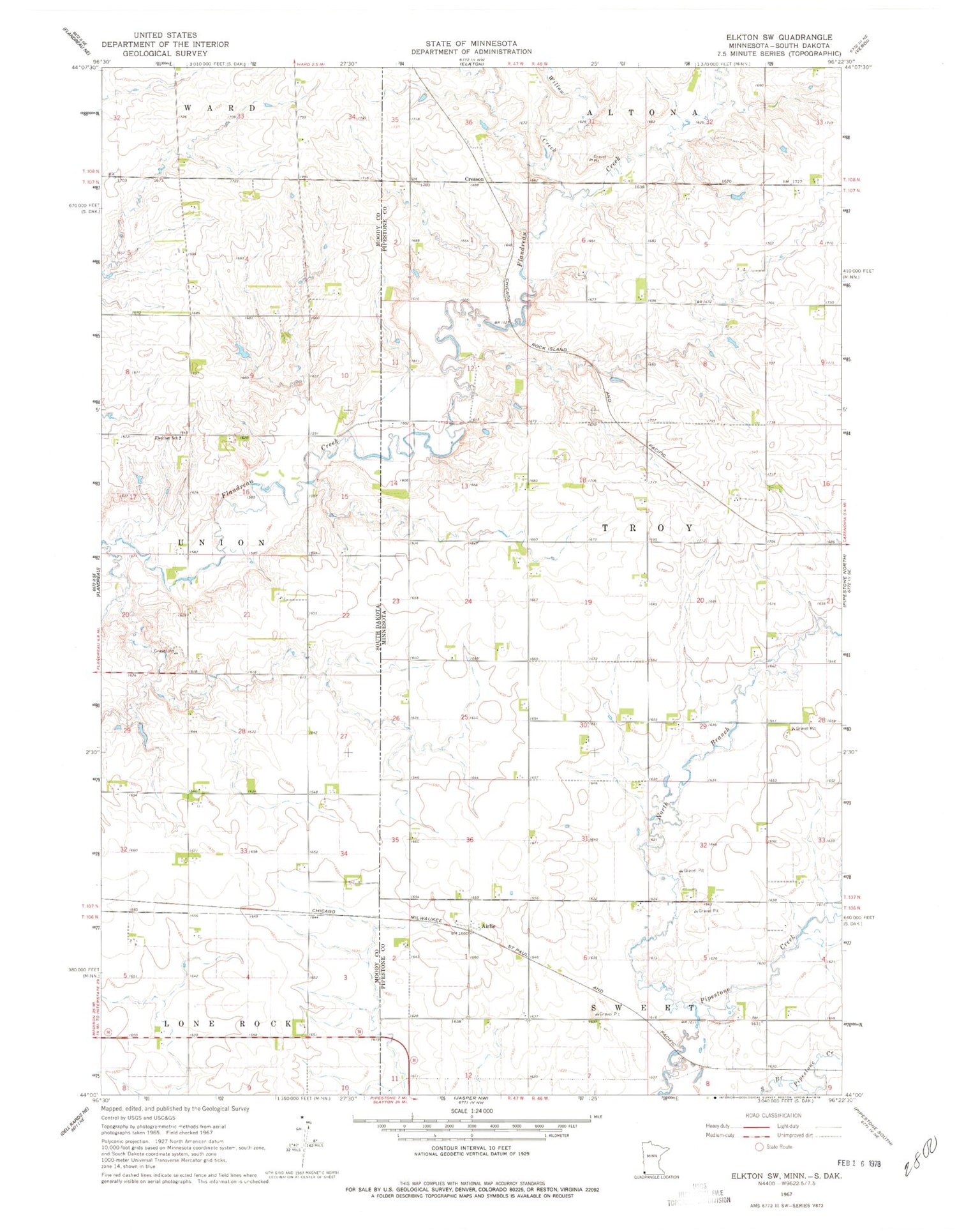 Classic USGS Elkton SW Minnesota 7.5'x7.5' Topo Map Image