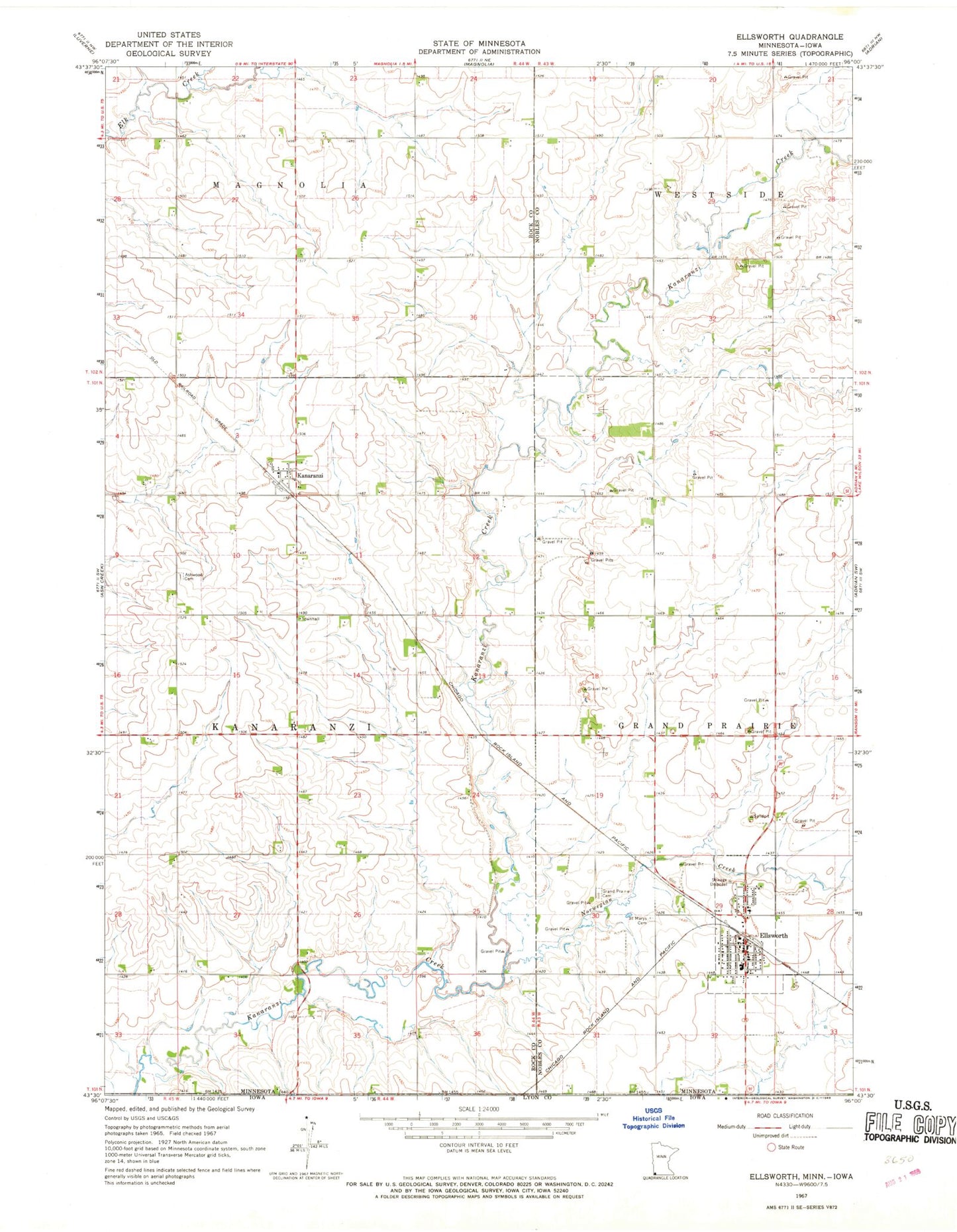 Classic USGS Ellsworth Minnesota 7.5'x7.5' Topo Map Image