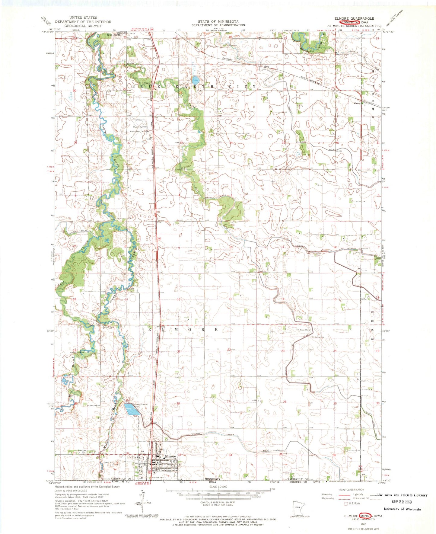Classic USGS Elmore Minnesota 7.5'x7.5' Topo Map Image