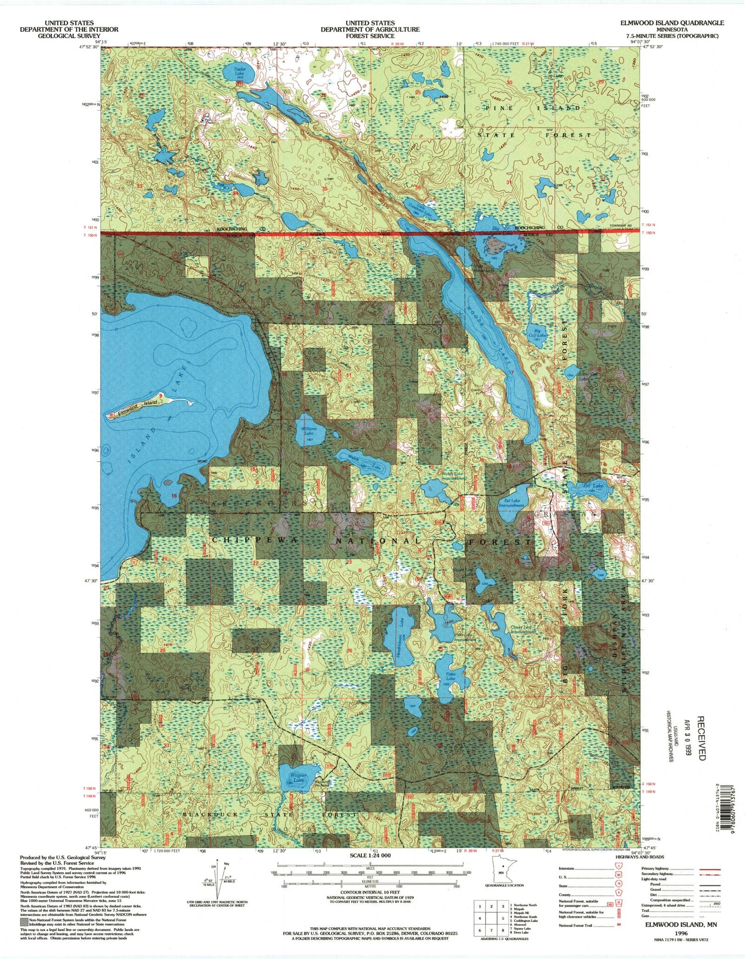 Classic USGS Elmwood Island Minnesota 7.5'x7.5' Topo Map Image