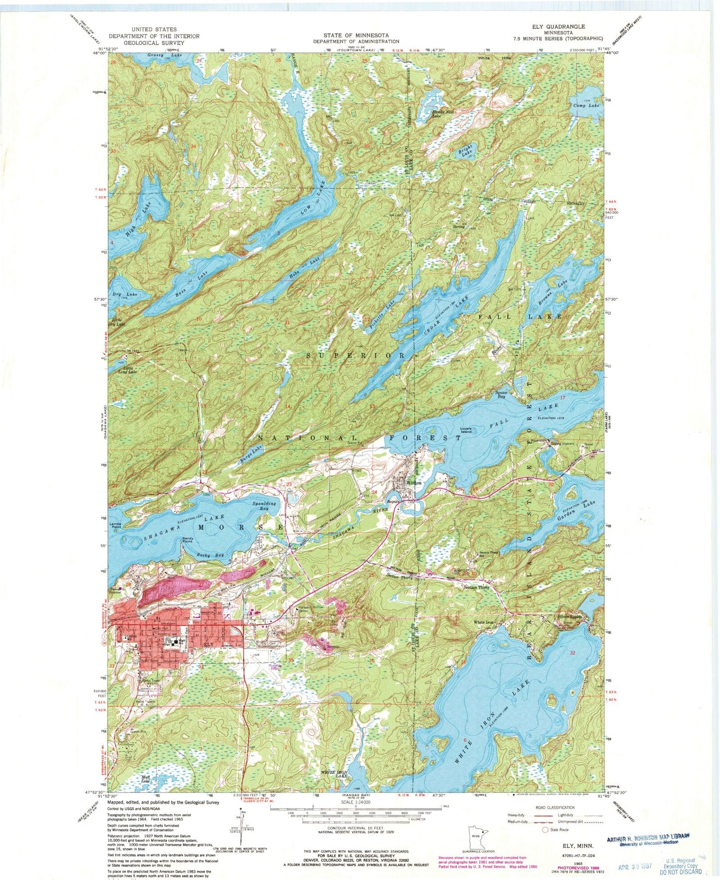 Classic USGS Ely Minnesota 7.5'x7.5' Topo Map Image