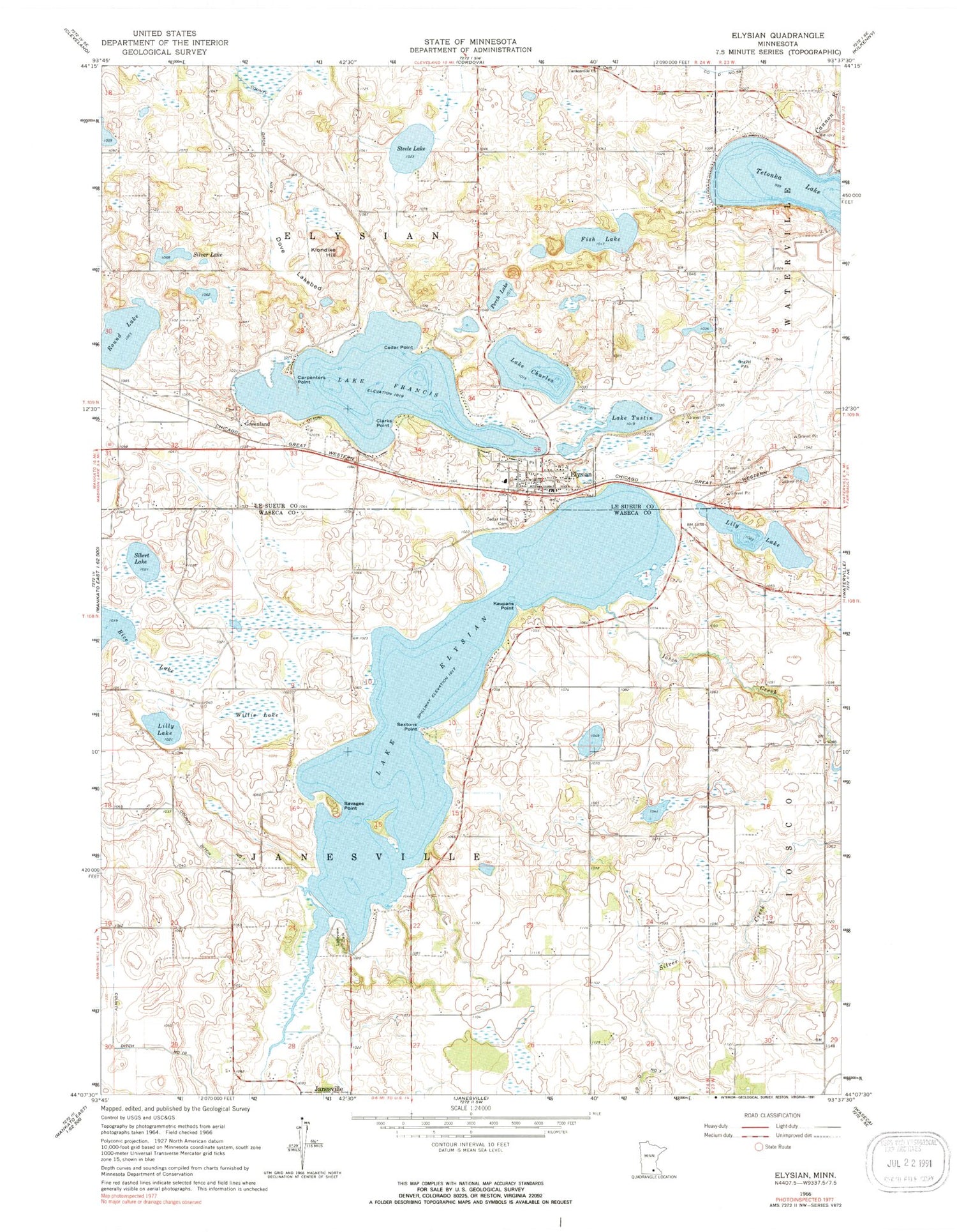 Classic USGS Elysian Minnesota 7.5'x7.5' Topo Map Image