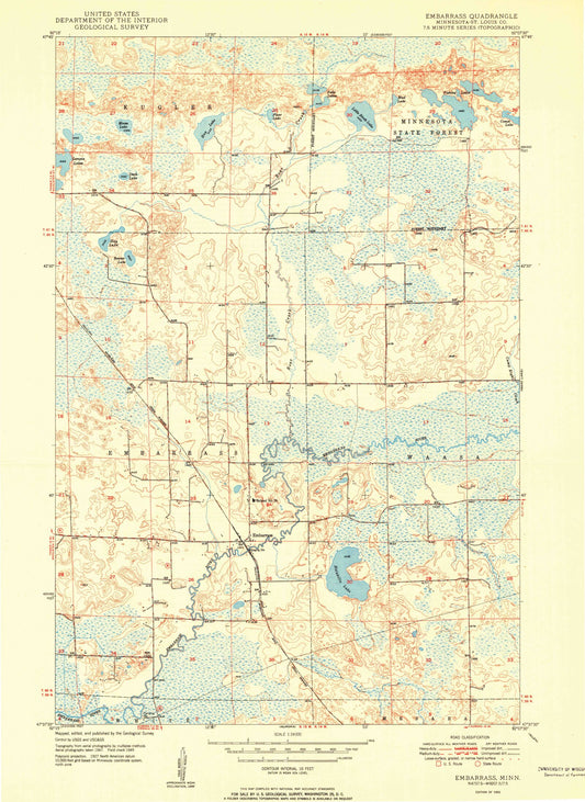 Classic USGS Embarrass Minnesota 7.5'x7.5' Topo Map Image