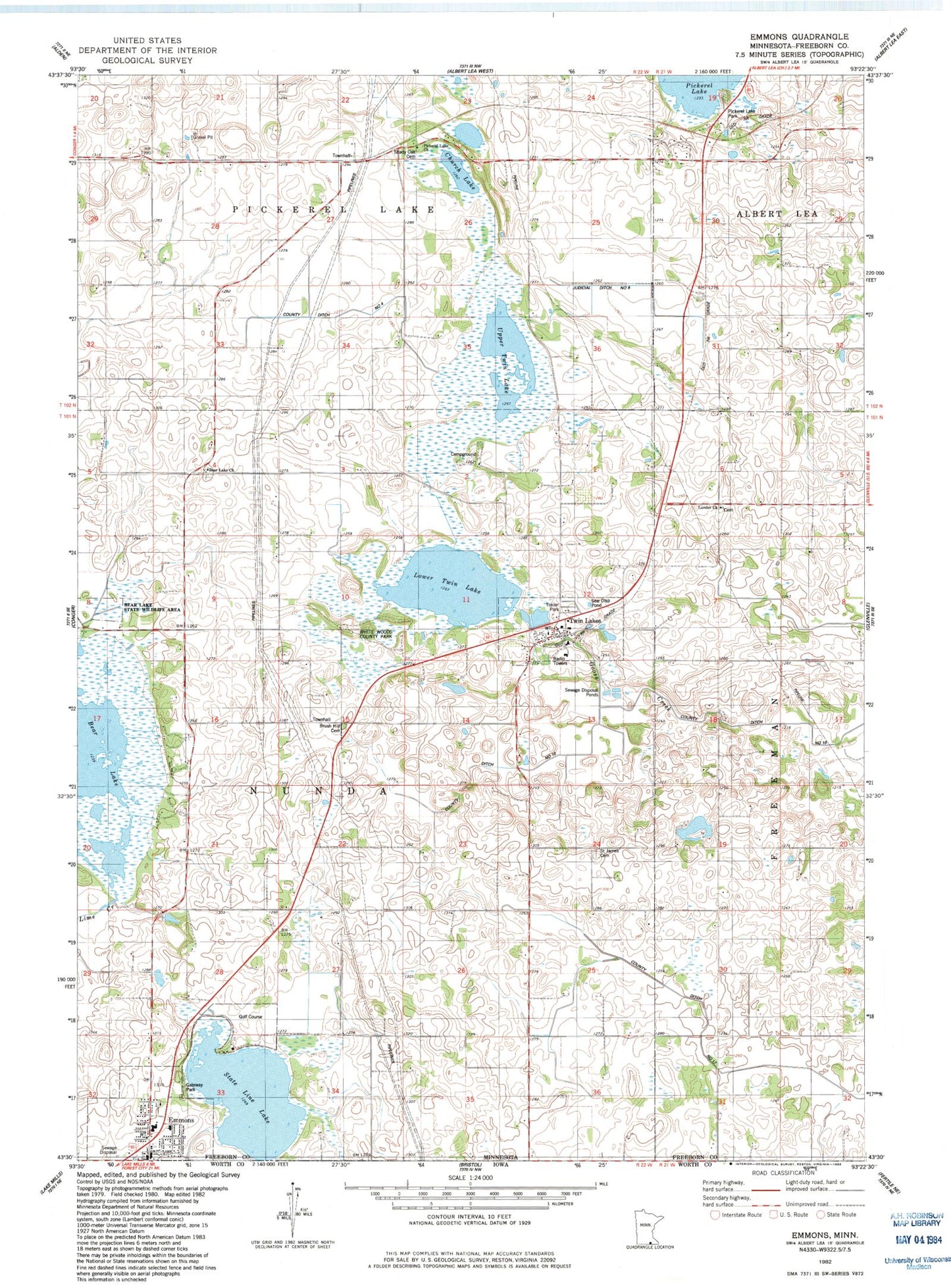 Classic USGS Emmons Minnesota 7.5'x7.5' Topo Map Image