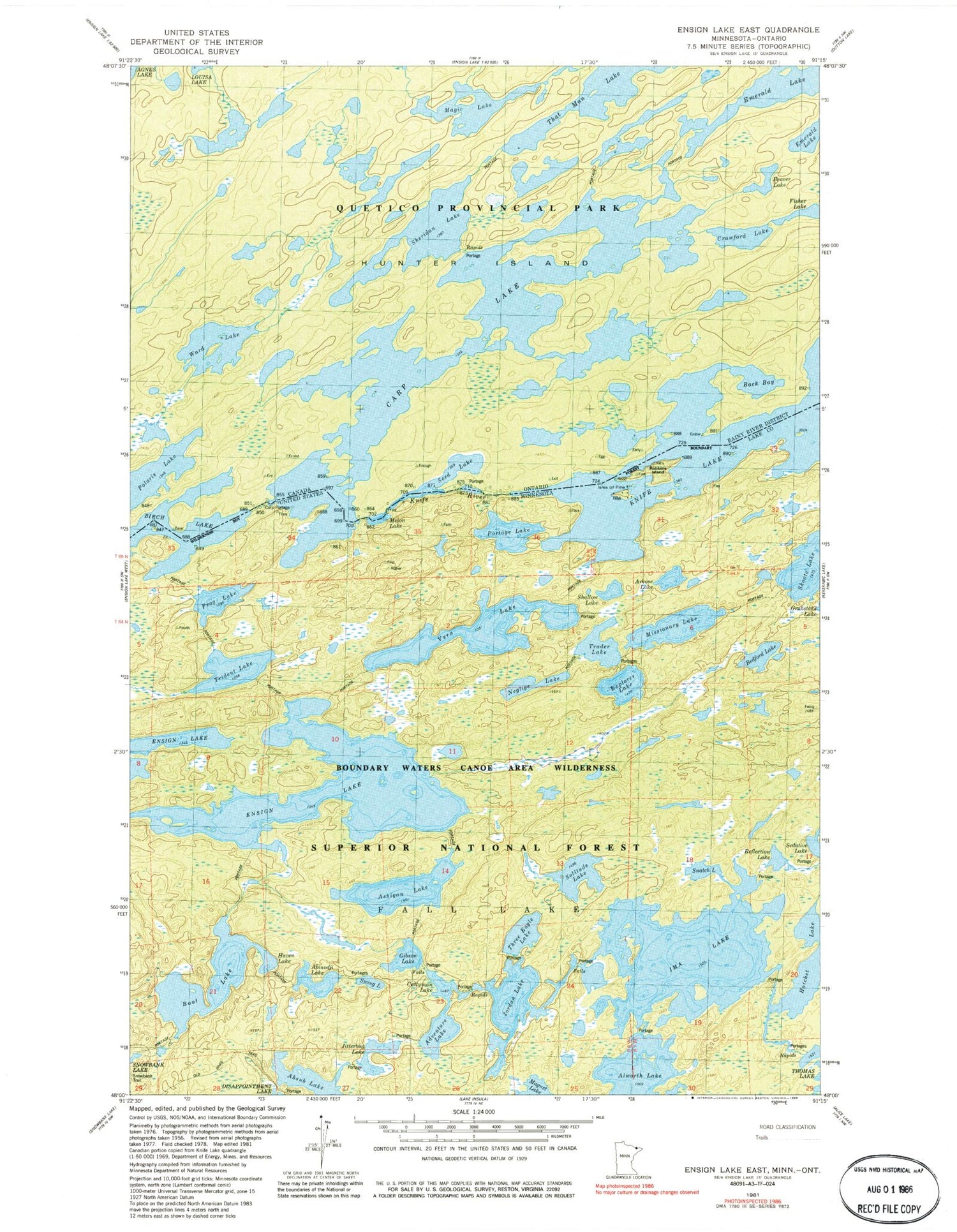 Classic USGS Ensign Lake East Minnesota 7.5'x7.5' Topo Map Image