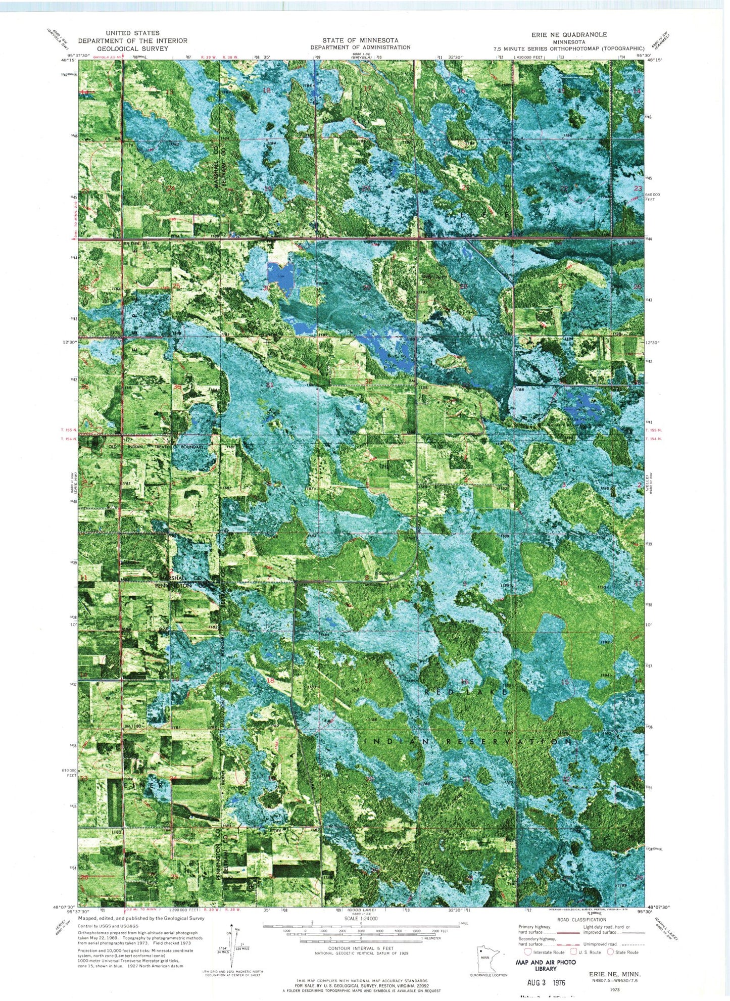 Classic USGS Erie NE Minnesota 7.5'x7.5' Topo Map Image