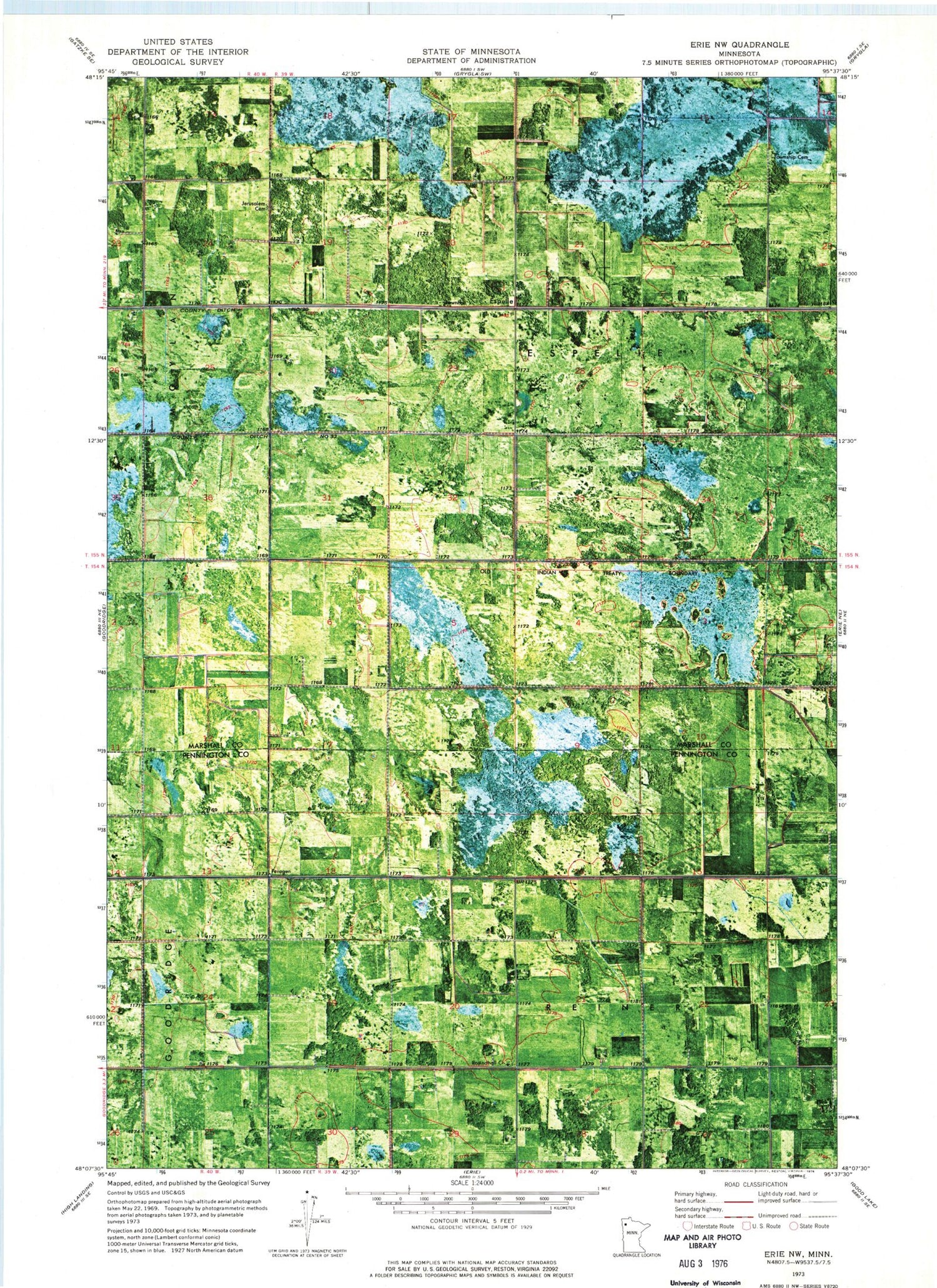 Classic USGS Erie NW Minnesota 7.5'x7.5' Topo Map Image