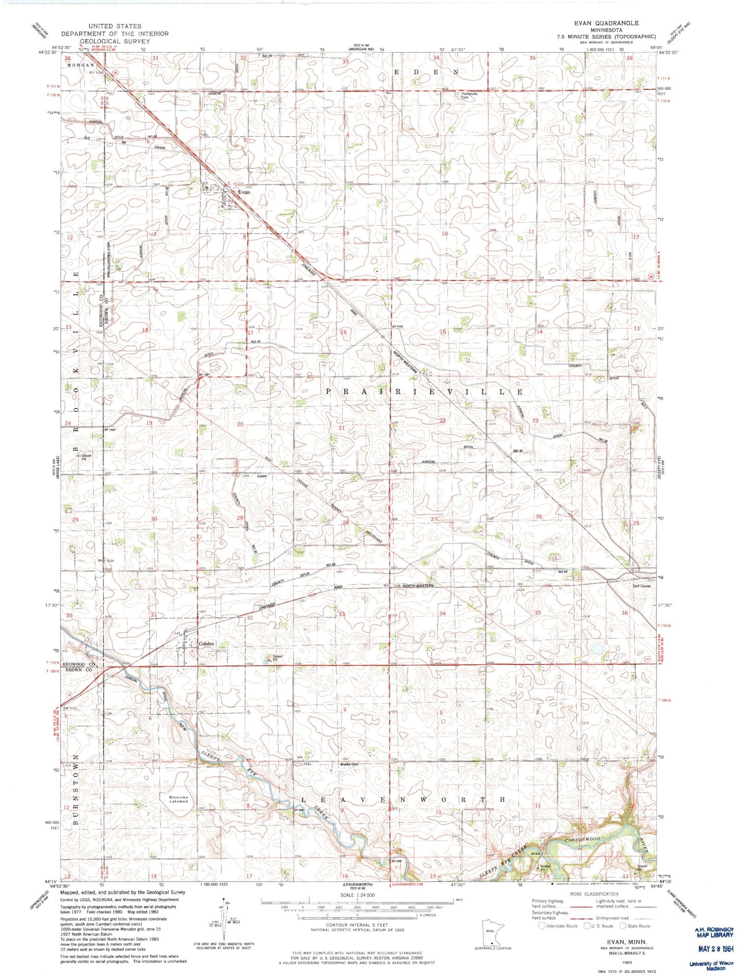 Classic USGS Evan Minnesota 7.5'x7.5' Topo Map Image