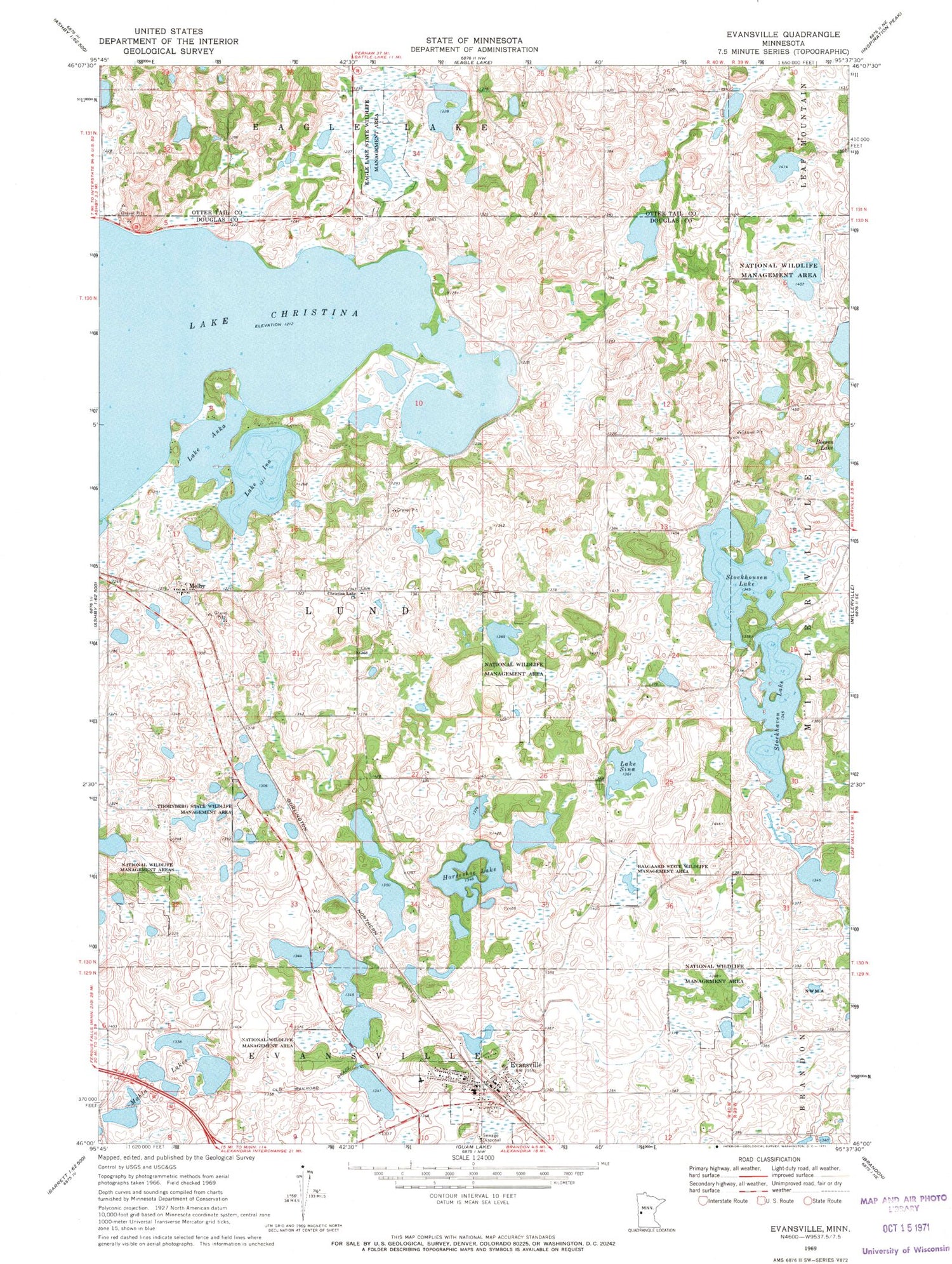 Classic USGS Evansville Minnesota 7.5'x7.5' Topo Map Image