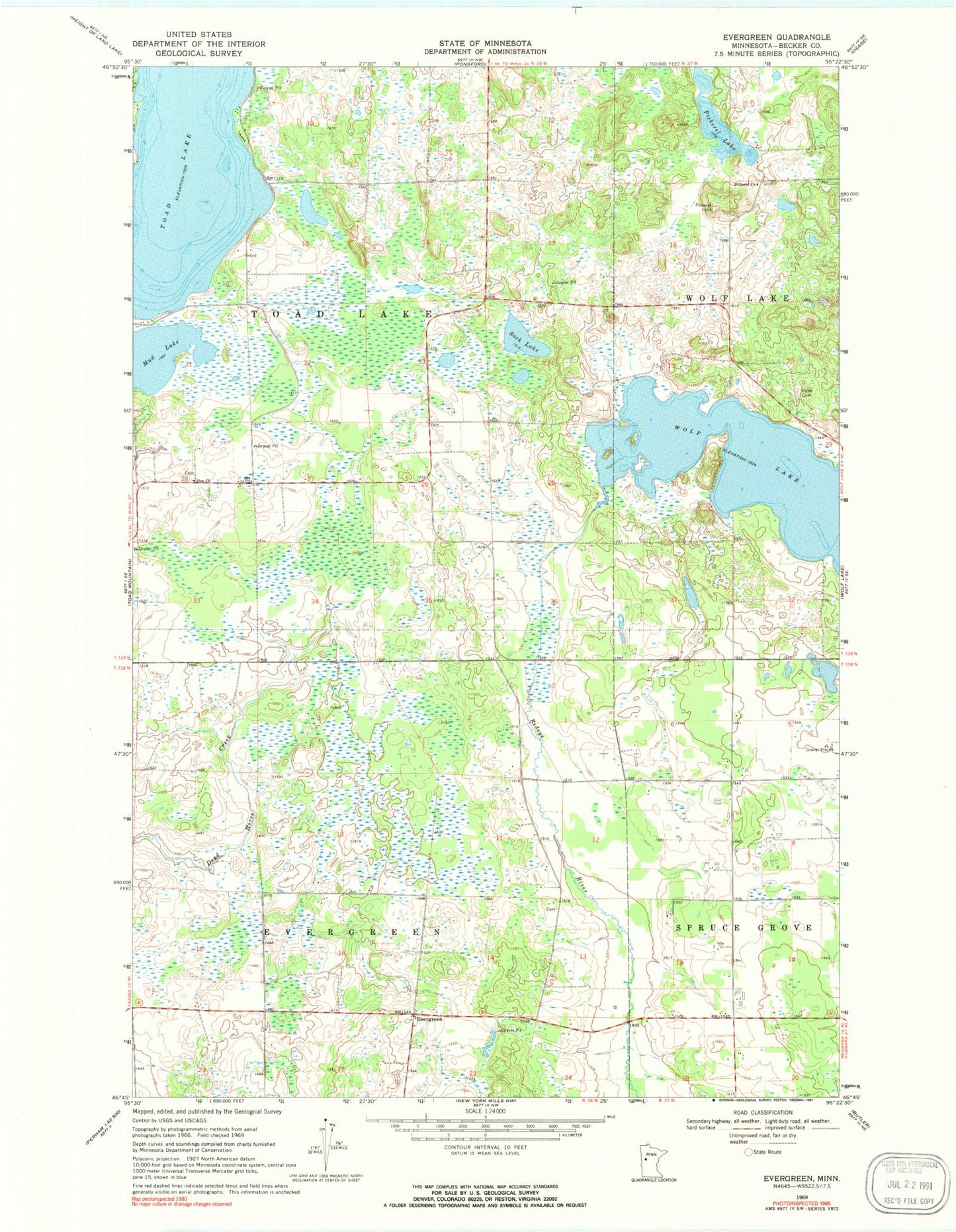 Classic USGS Evergreen Minnesota 7.5'x7.5' Topo Map Image
