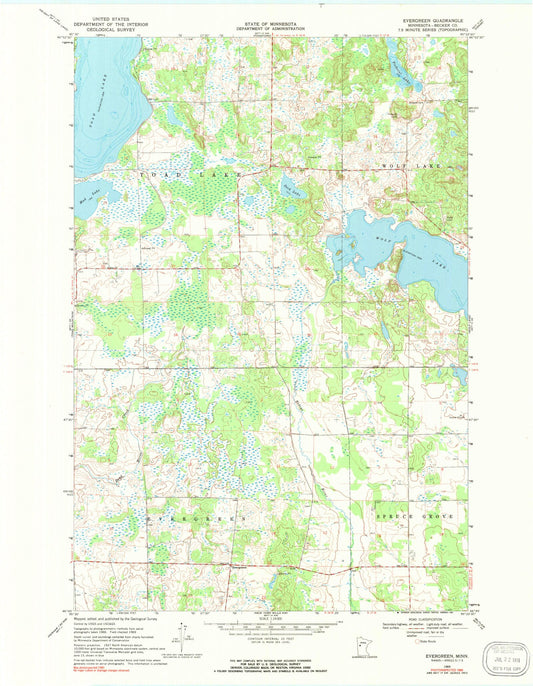 Classic USGS Evergreen Minnesota 7.5'x7.5' Topo Map Image