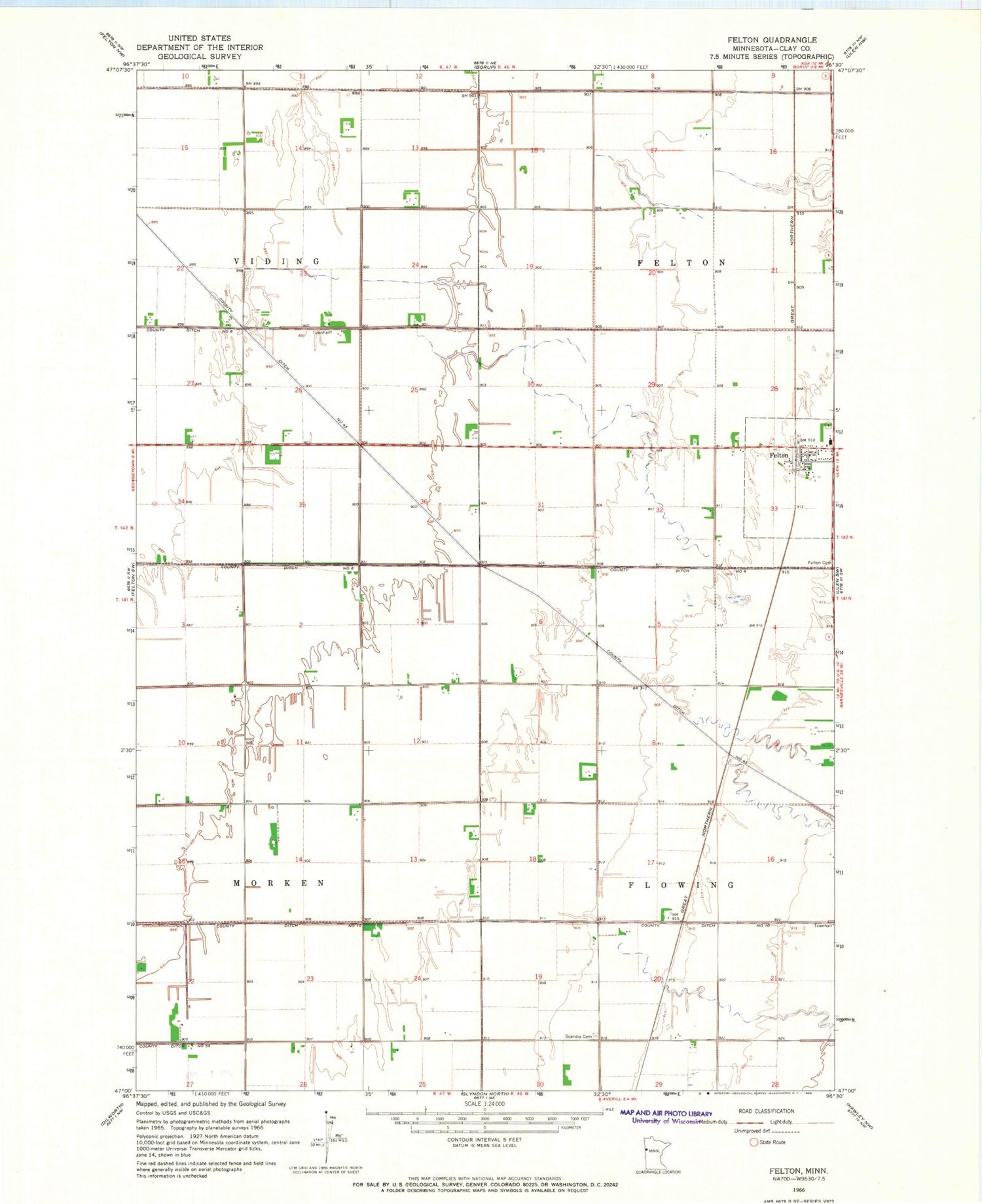 Classic USGS Felton Minnesota 7.5'x7.5' Topo Map Image