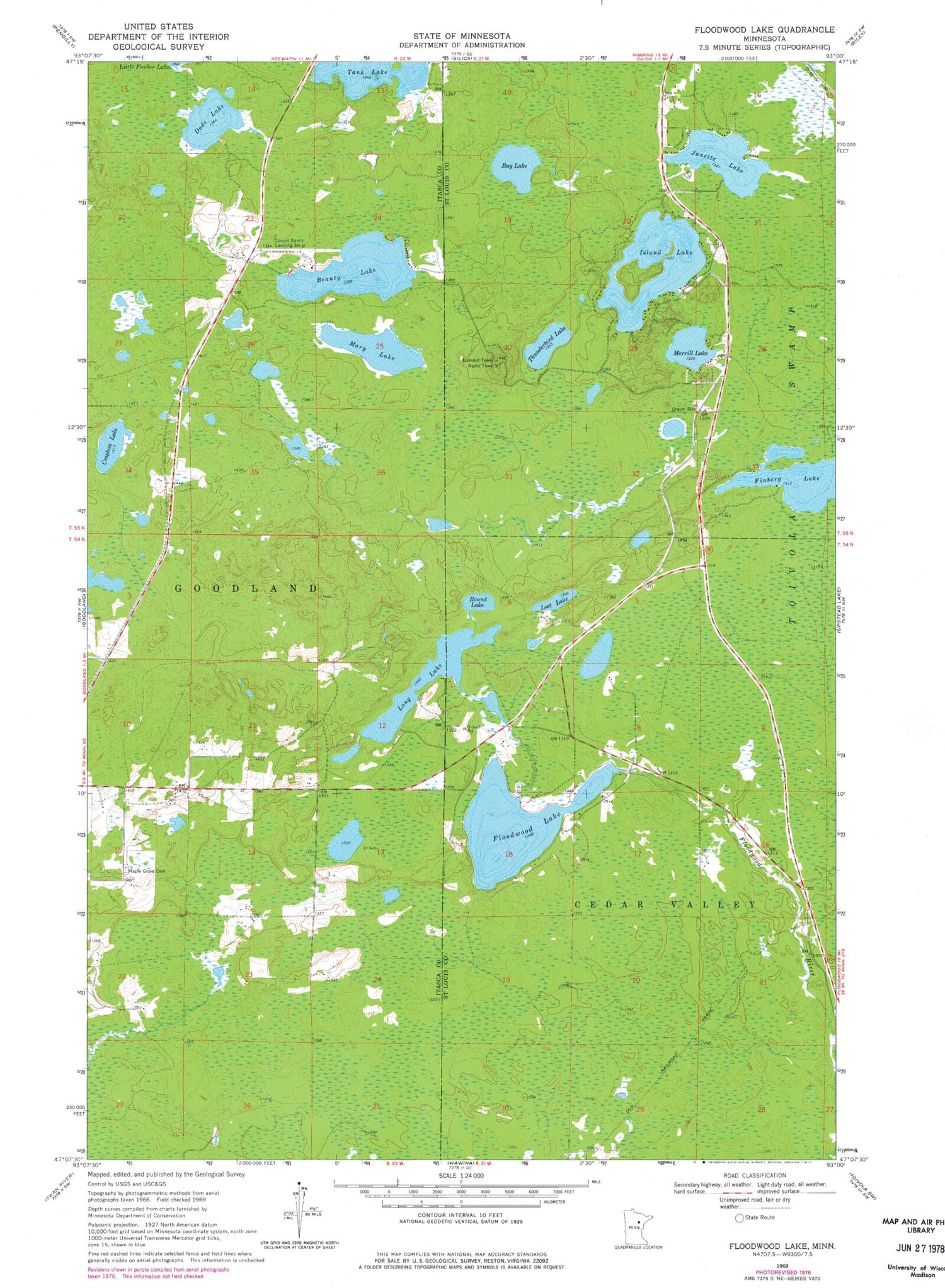 Classic USGS Floodwood Lake Minnesota 7.5'x7.5' Topo Map Image