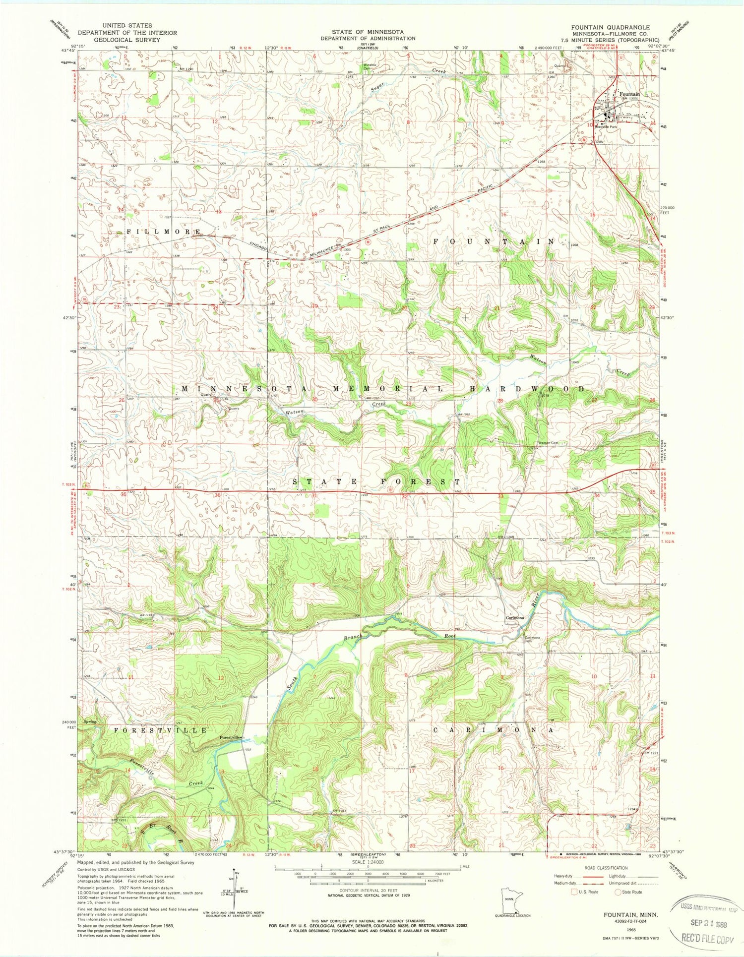 Classic USGS Fountain Minnesota 7.5'x7.5' Topo Map Image