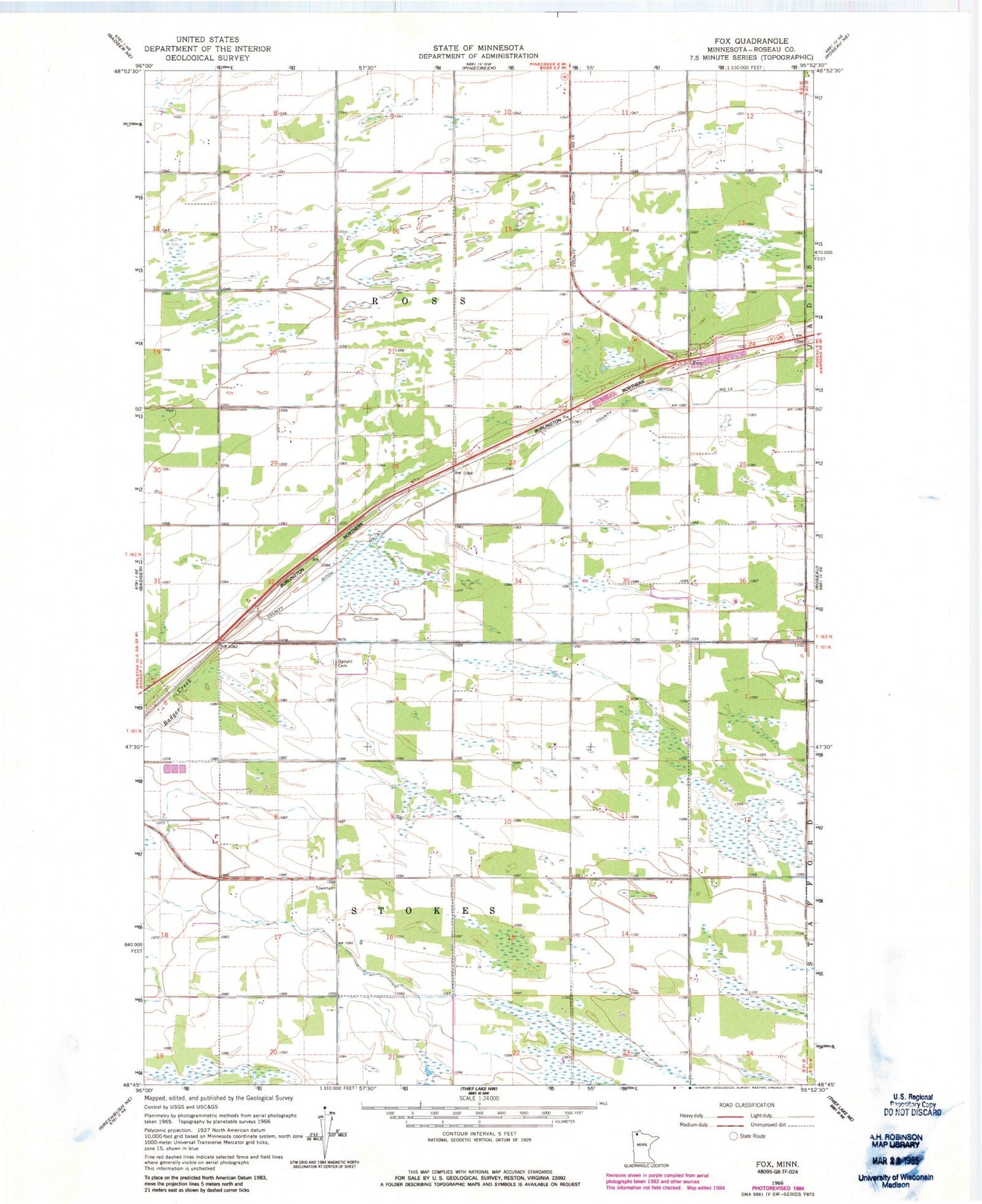 Classic USGS Fox Minnesota 7.5'x7.5' Topo Map Image