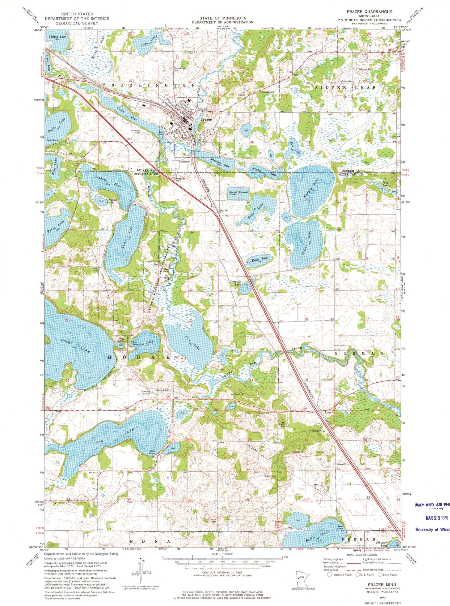 Classic USGS Frazee Minnesota 7.5'x7.5' Topo Map Image