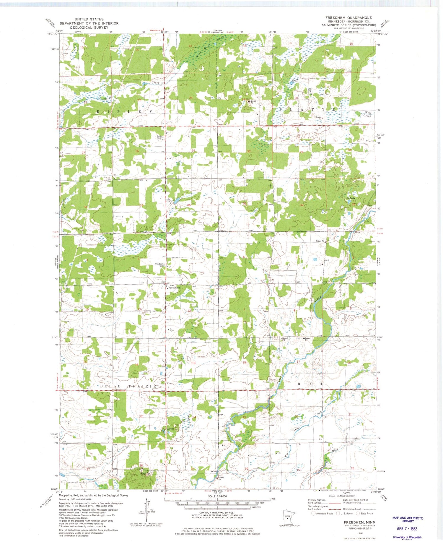 Classic USGS Freedhem Minnesota 7.5'x7.5' Topo Map Image