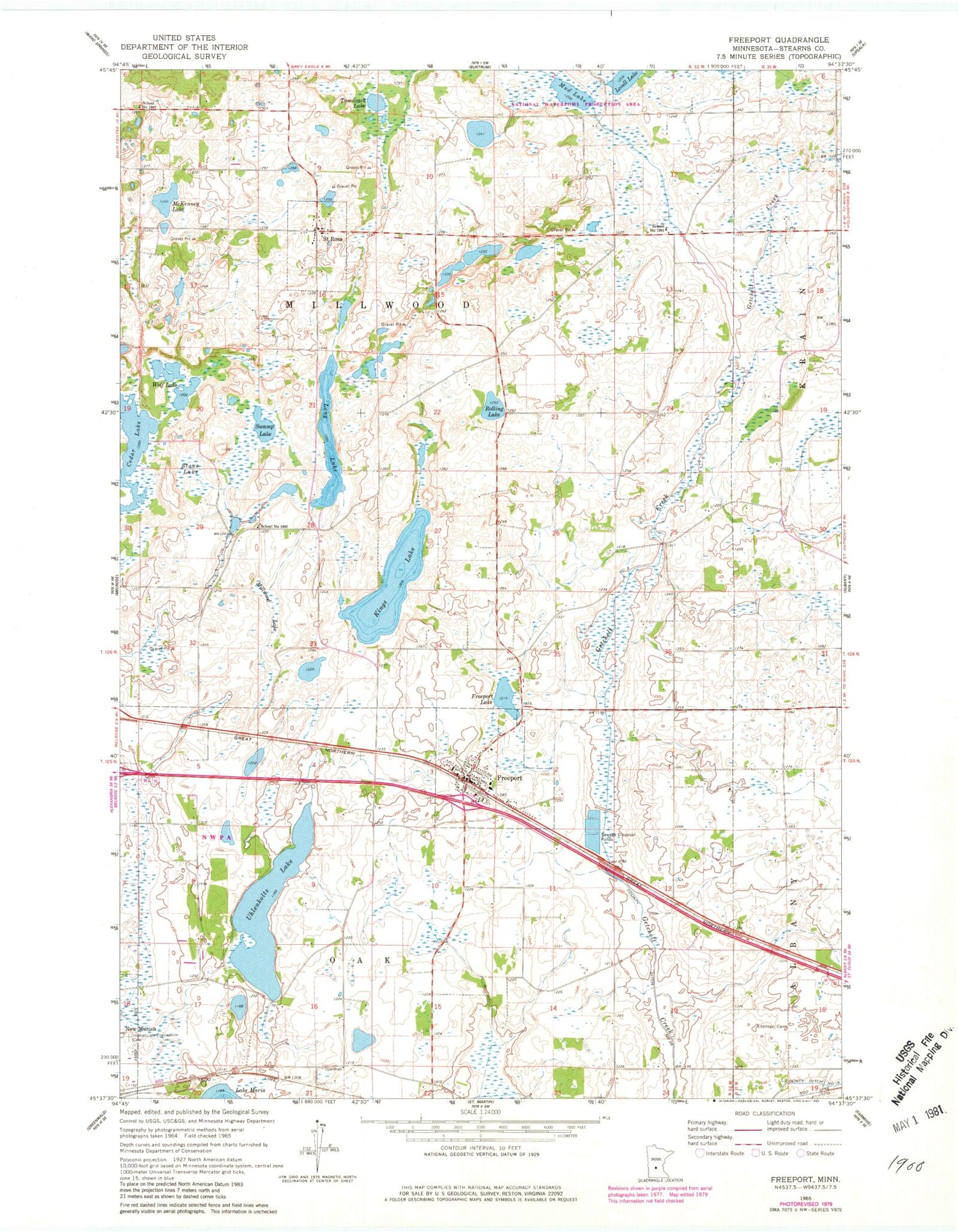 Classic USGS Freeport Minnesota 7.5'x7.5' Topo Map Image