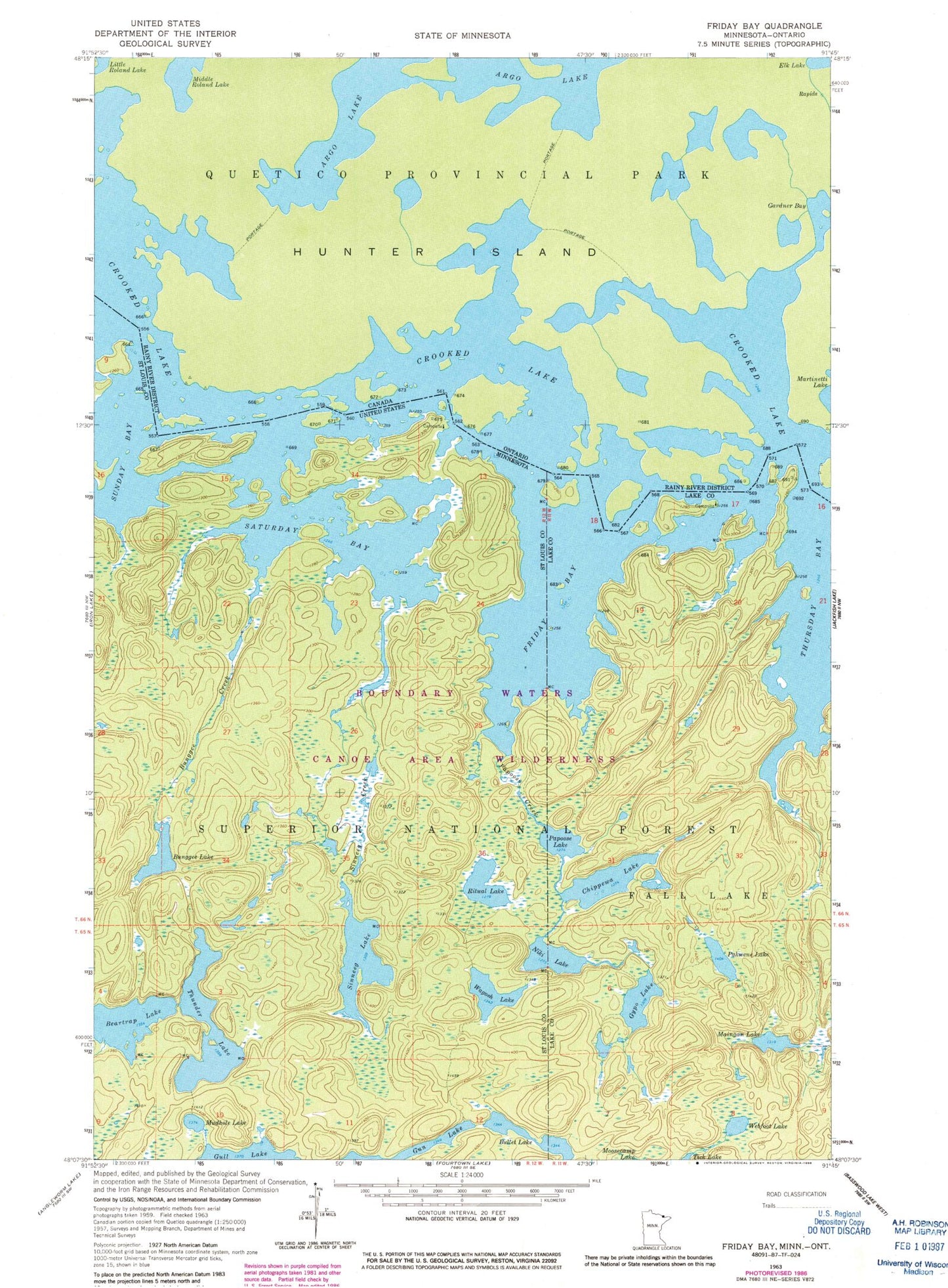 Classic USGS Friday Bay Minnesota 7.5'x7.5' Topo Map Image