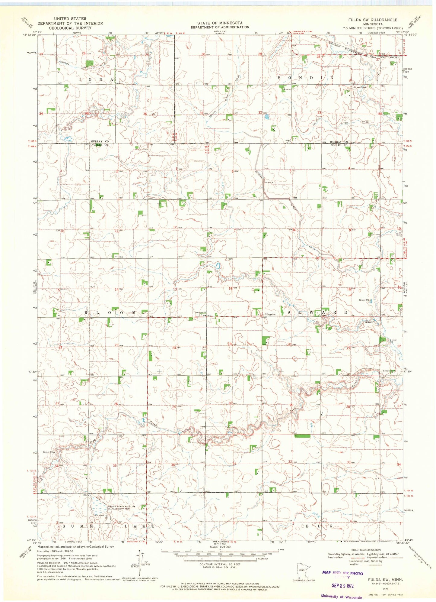 Classic USGS Fulda SW Minnesota 7.5'x7.5' Topo Map Image