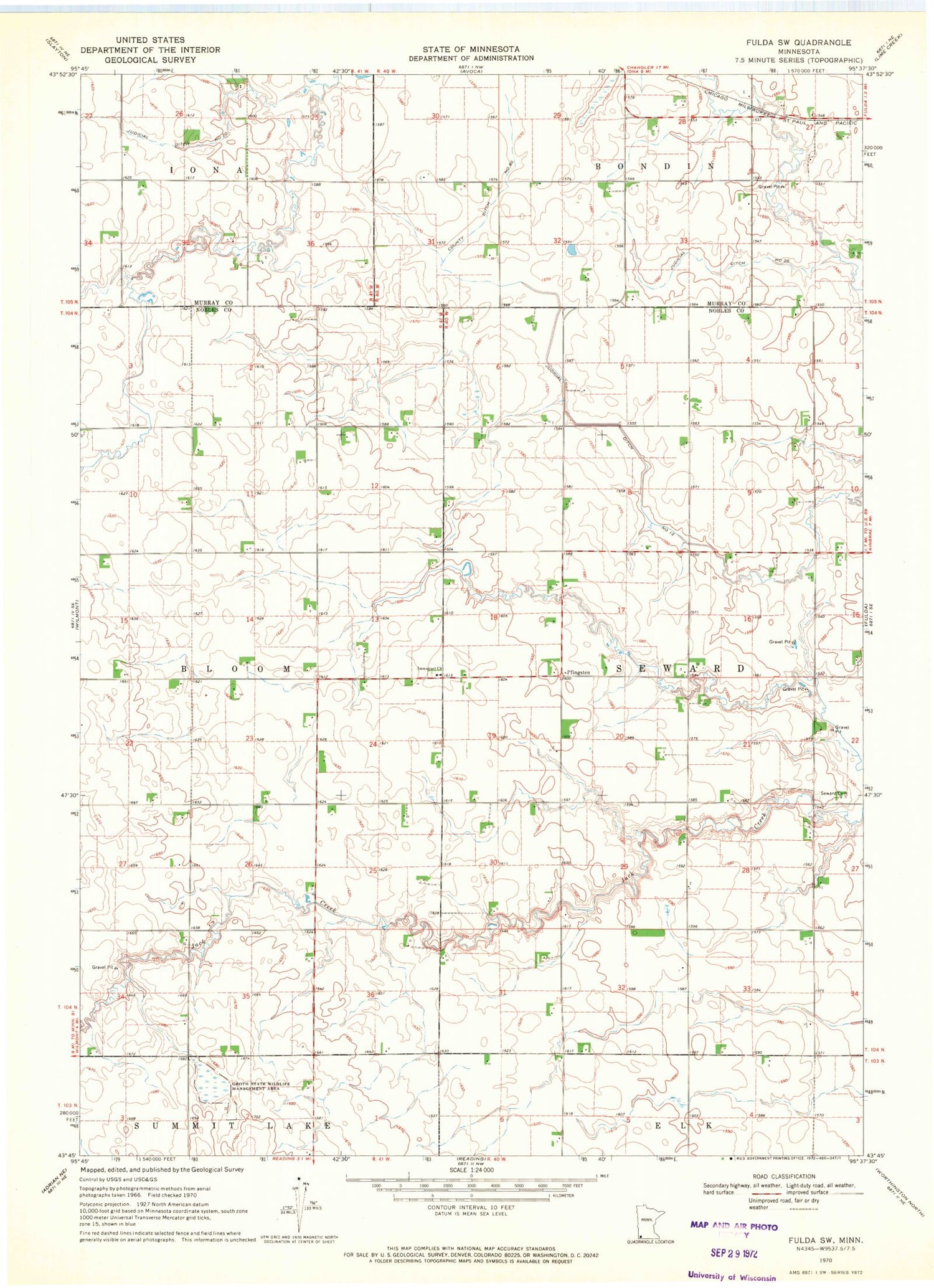 Classic USGS Fulda SW Minnesota 7.5'x7.5' Topo Map Image