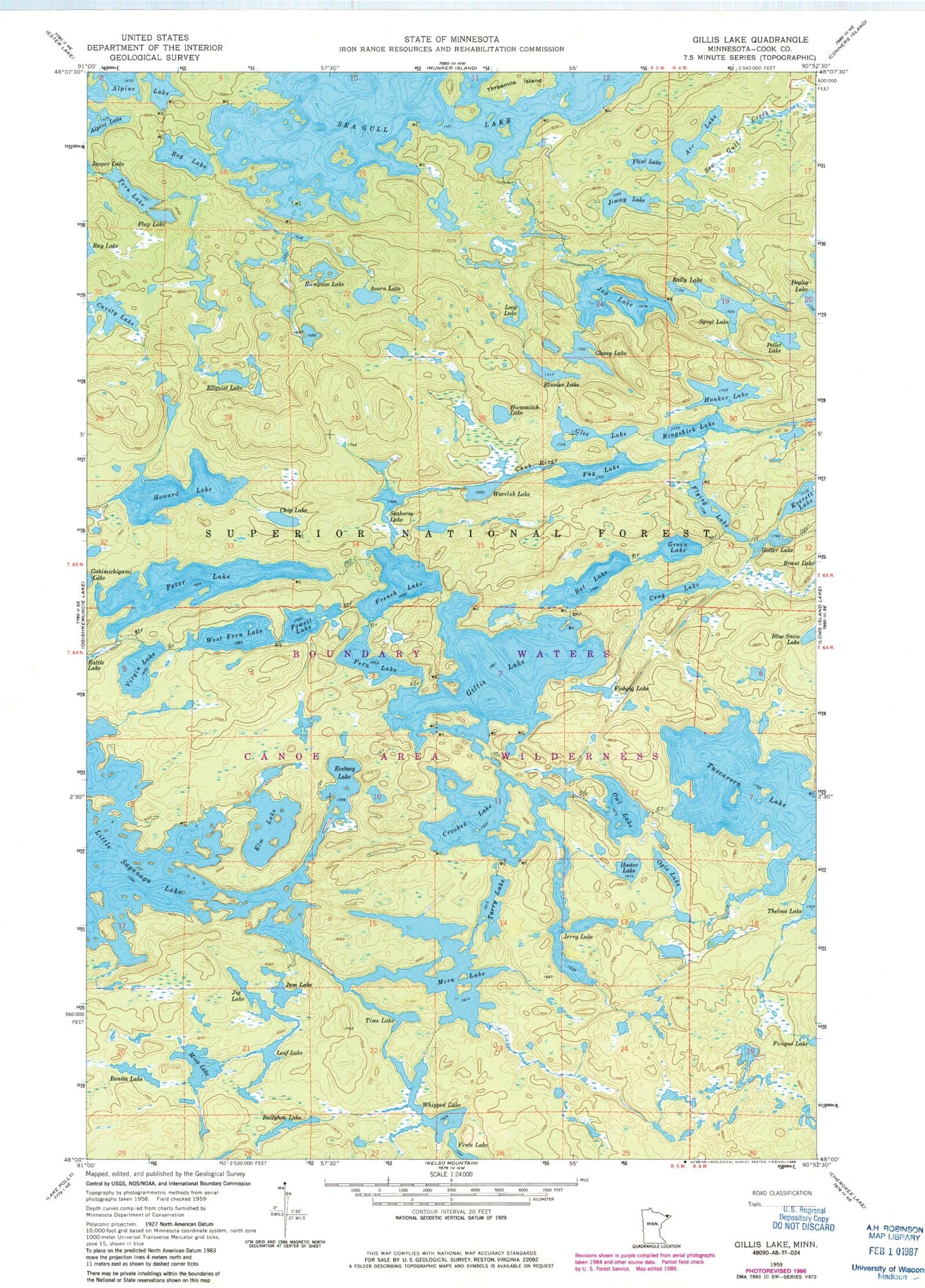 Classic USGS Gillis Lake Minnesota 7.5'x7.5' Topo Map Image