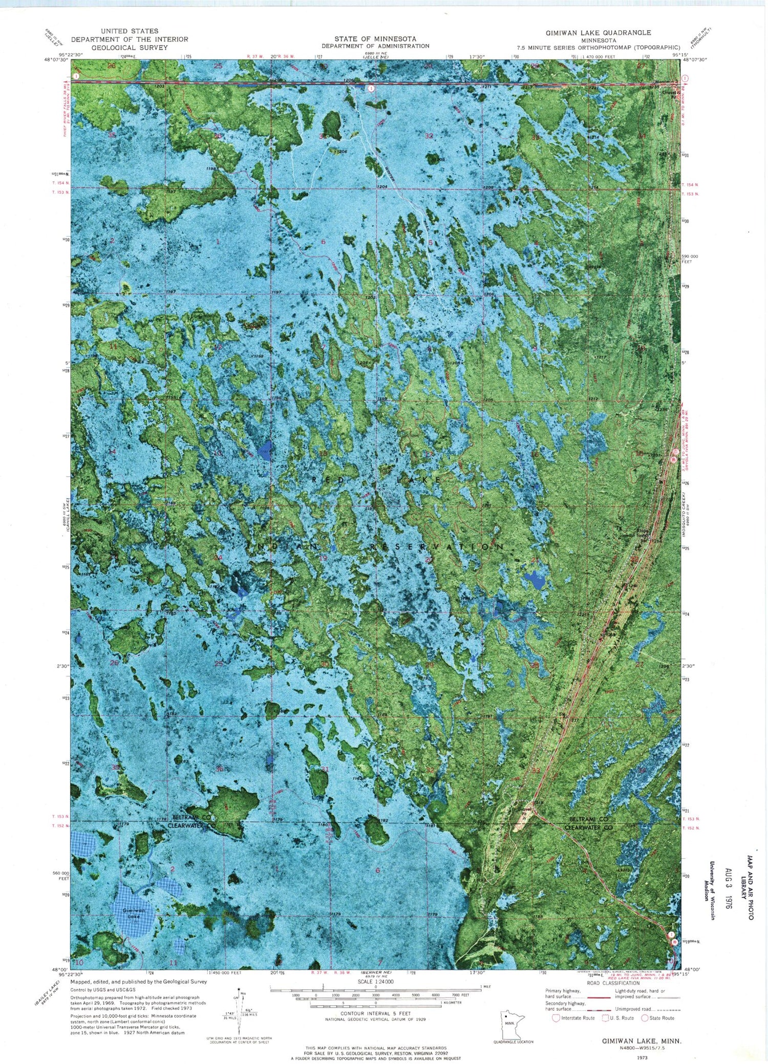 Classic USGS Gimiwan Lake Minnesota 7.5'x7.5' Topo Map Image