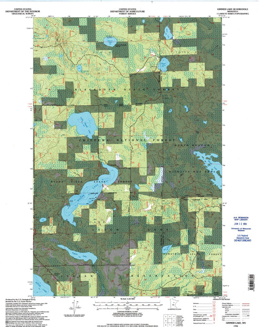 Classic USGS Gimmer Lake Minnesota 7.5'x7.5' Topo Map Image
