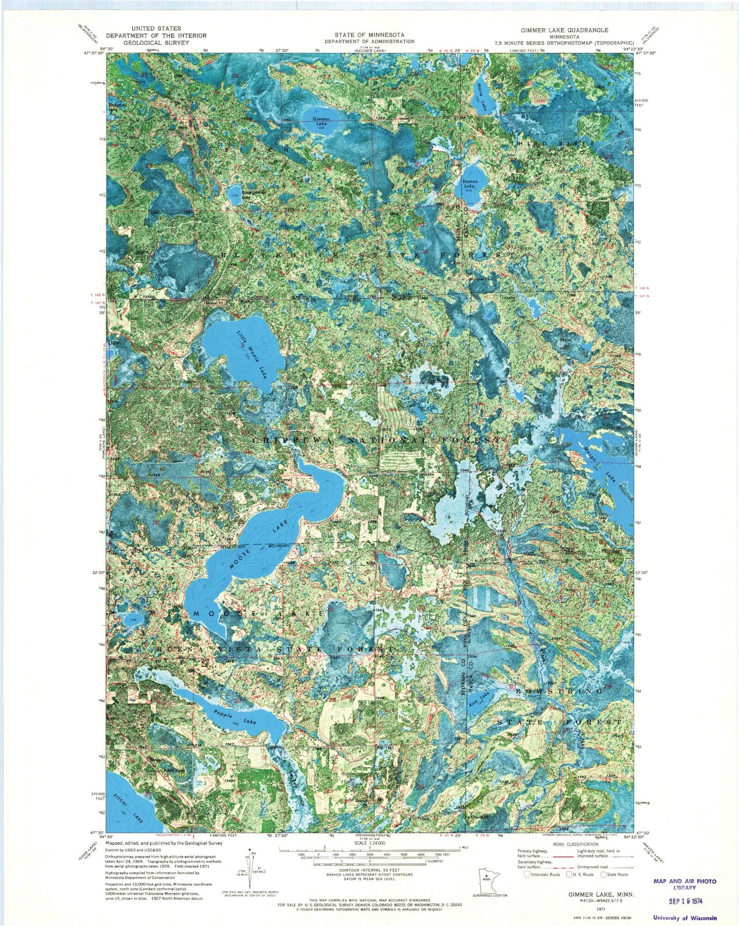 Classic USGS Gimmer Lake Minnesota 7.5'x7.5' Topo Map Image