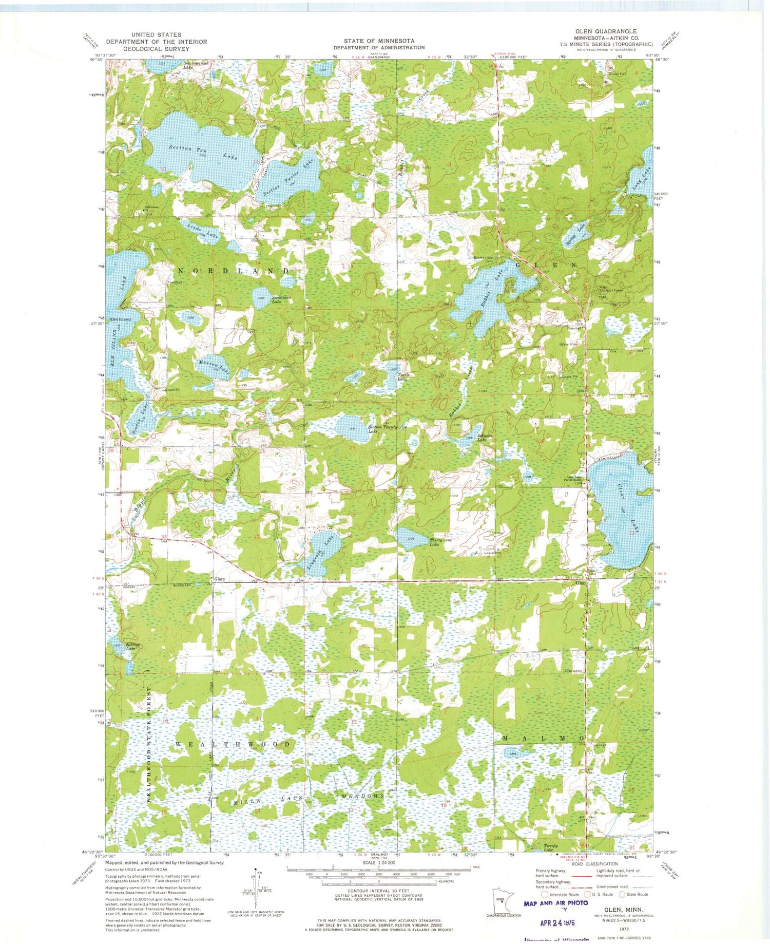 Classic USGS Glen Minnesota 7.5'x7.5' Topo Map Image