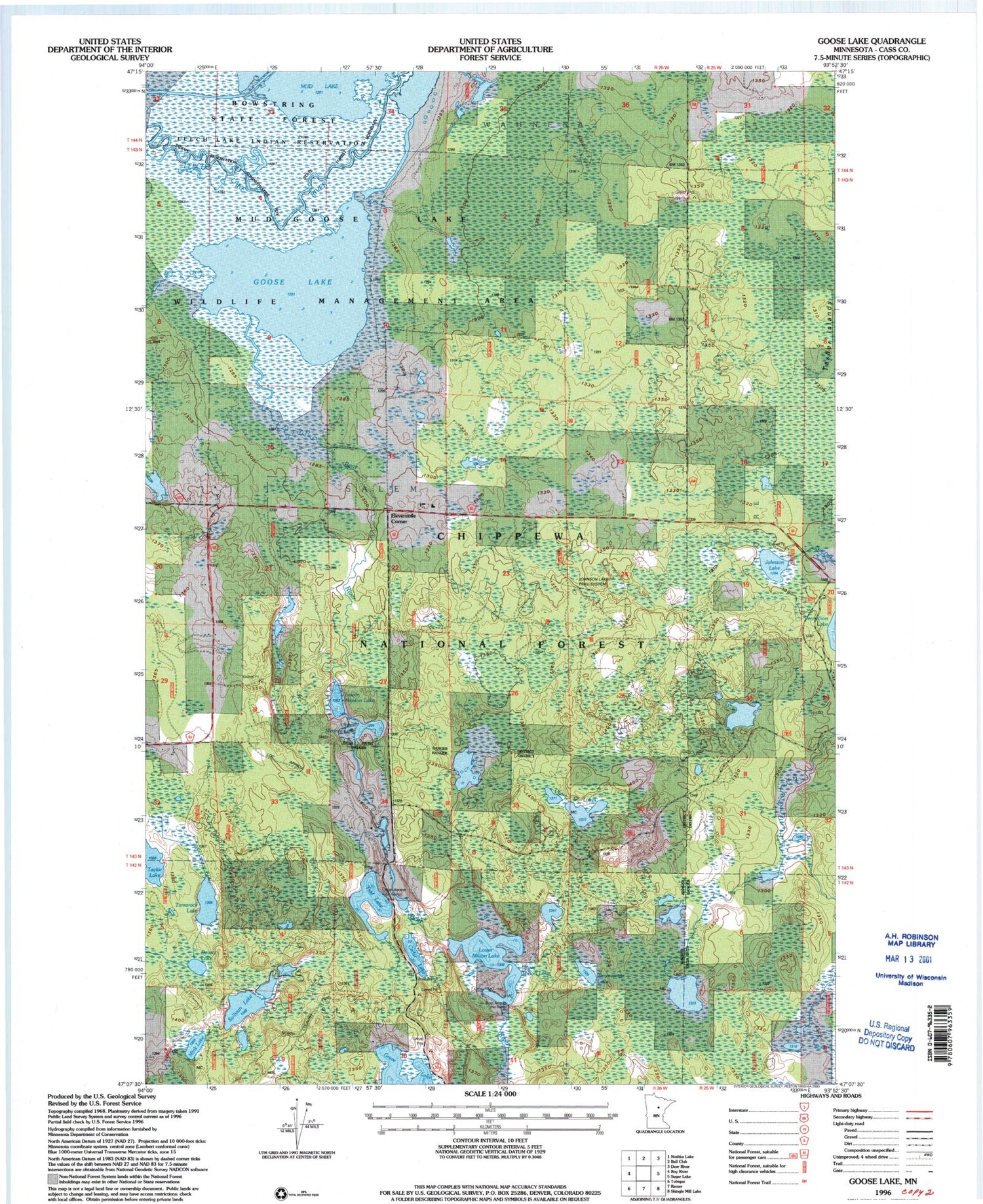 Classic USGS Goose Lake Minnesota 7.5'x7.5' Topo Map Image